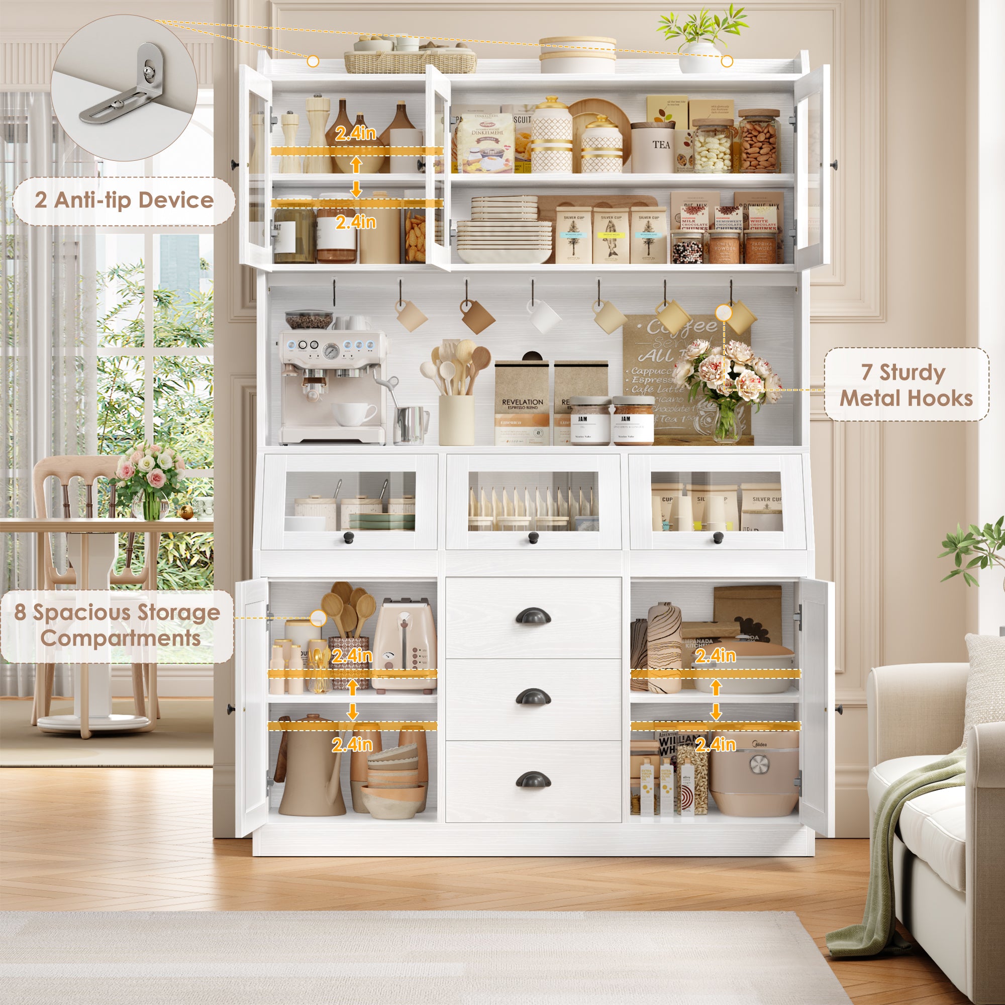 Hiphuta Farmhouse Kitchen Pantry Storage Cabinet, 71”H Freestanding Hutch with 8 Doors and 3 Drawers for Dining and Living Room, White