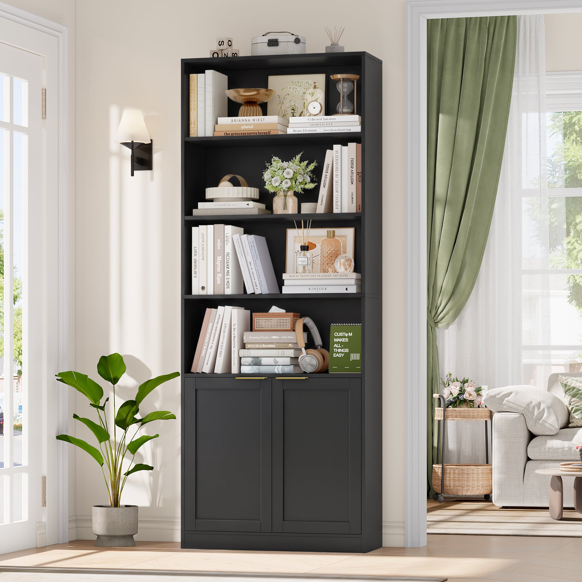 Hiphuta 73" Tall 6 tier Bookcase, Minimalist Single Row Bookshelf with 2 Doors, Modern Wooden Bookcase for Office, Living Room, Black