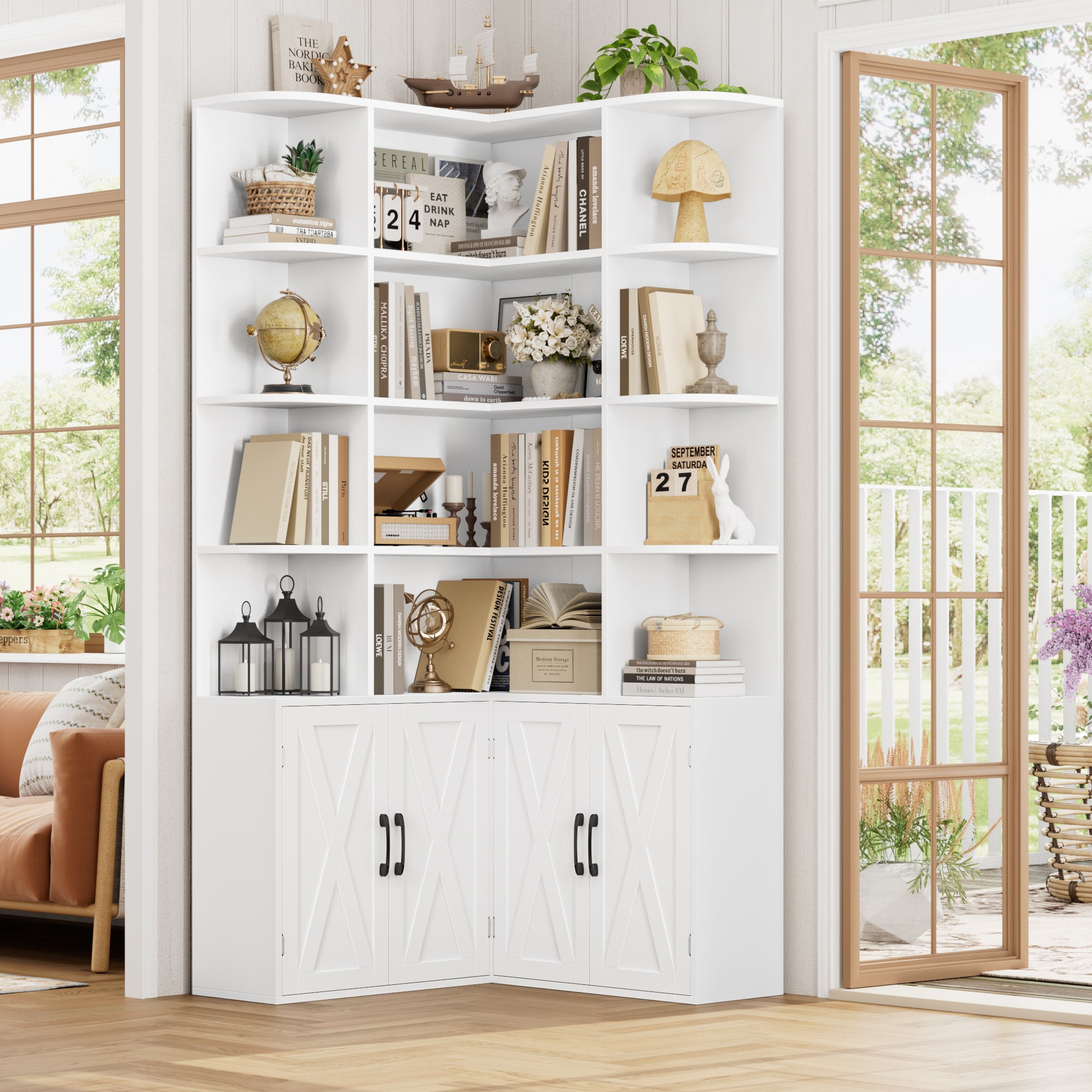 Hiphuta 6 Tier Corner Bookcase with 4 Doors, Farmhouse Large Corner Bookcase for Office Living Room, White
