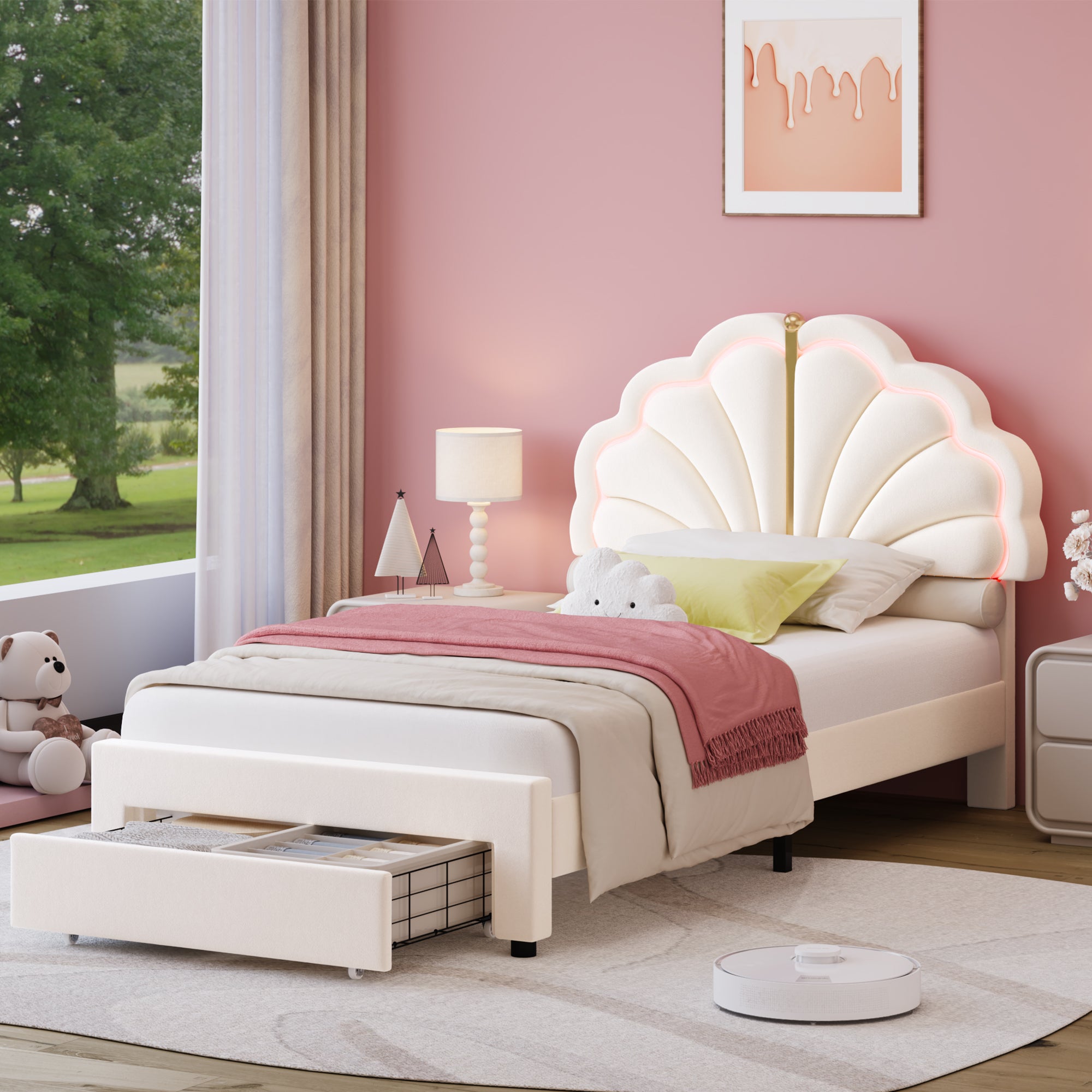 Hiphuta Kids LED Twin Bed with 2 Drawers, LED Lights Platform Bed Frame with Upholstered Tufted Headboard, No Box Spring Needed, Velvet White