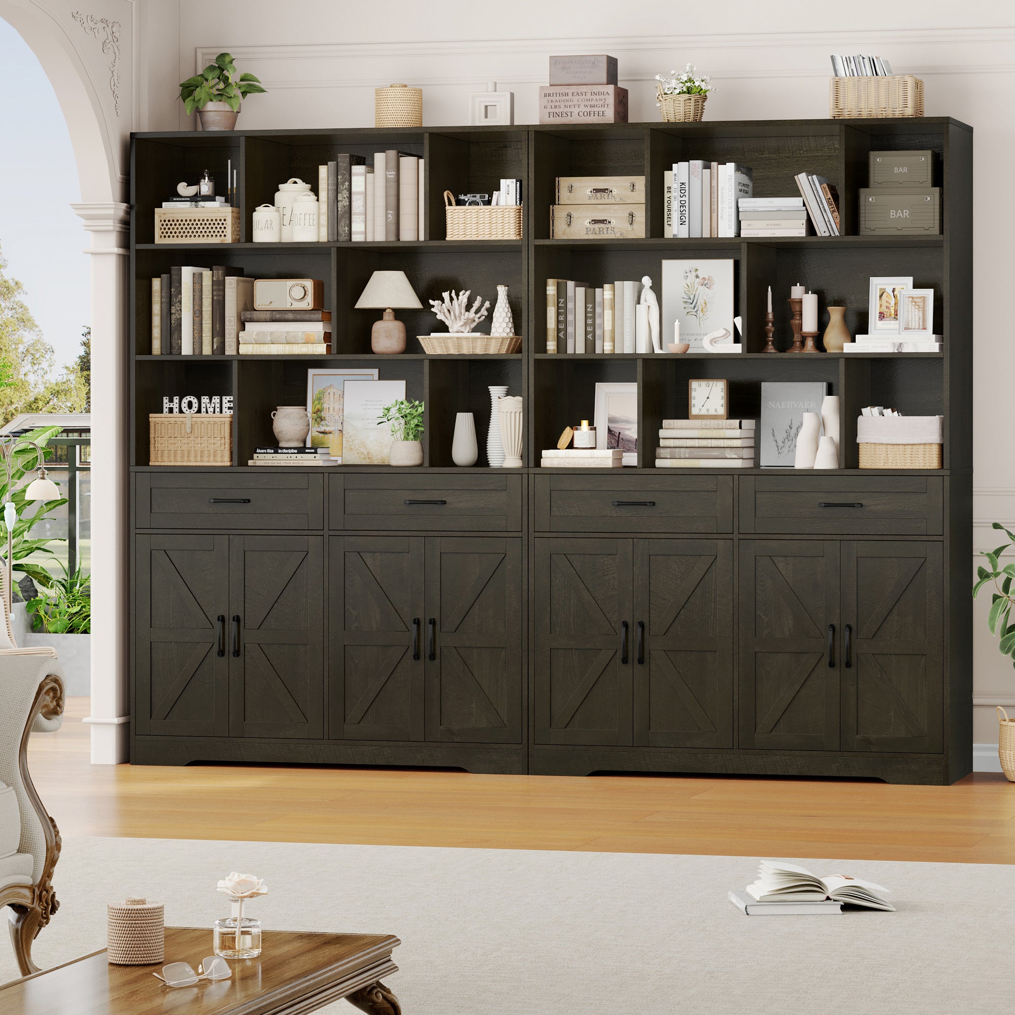 Hiphuta 6-tier Bookcase with Drawers & Doors, 71" Tall Bookcases, Wooden Storage Bookshelf for Living Room Home Office, Dark Brown