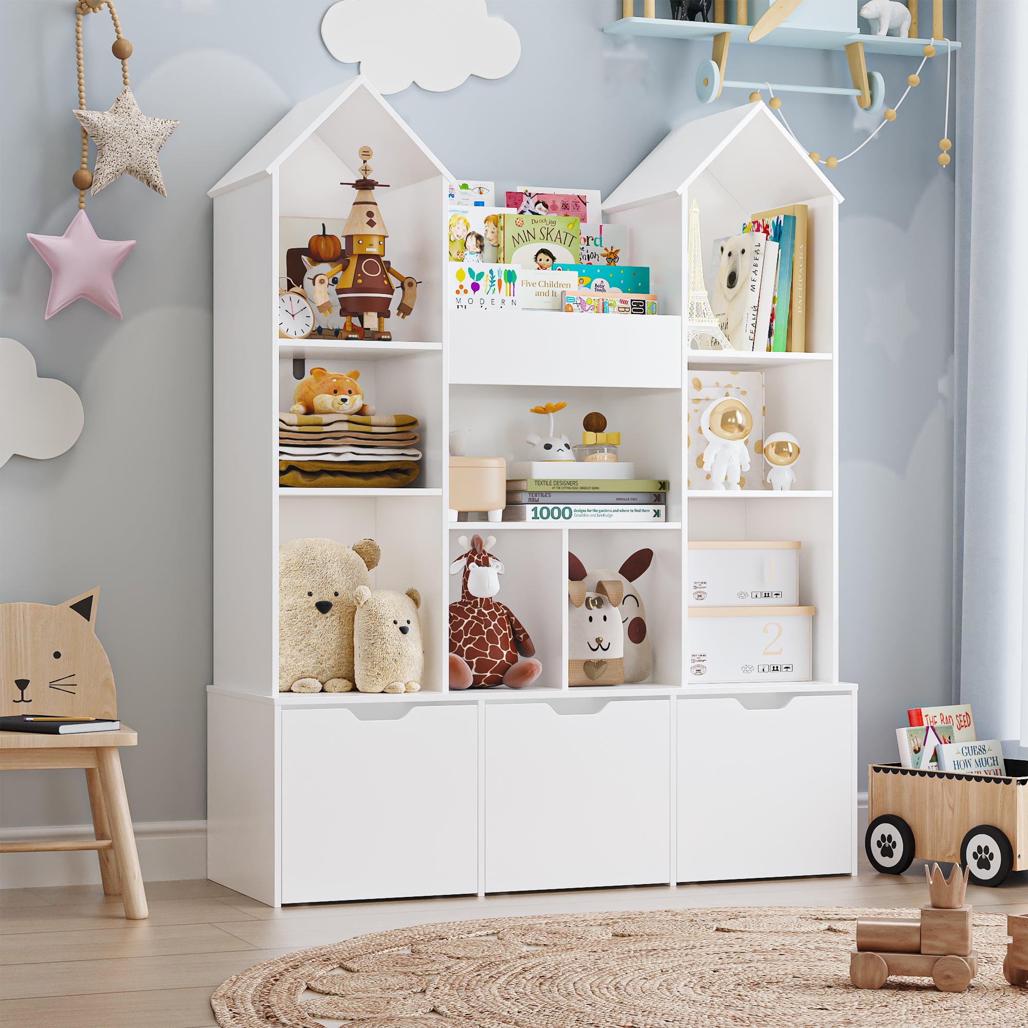 Hiphuta Kid’s Toy Storage Organizer with 3 Removable Drawers, Children's Bookcase with Book Rack for Playroom, White