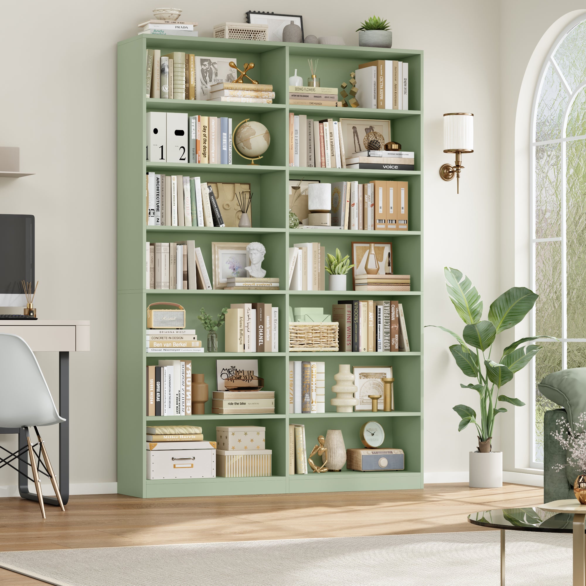 Hiphuta 84"H Wooden Double 7-Tier Tall Bookcase, Standard Bookcase for Living Room and Office, Freestanding Display Storage Shelves, Green