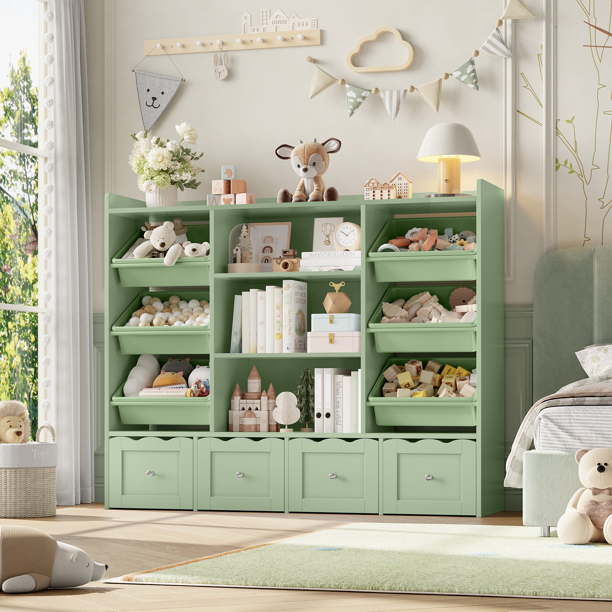Hiphuta 55" Wide Toy Storage Organizer with 4 Removable Drawers, 4-Tier Kid Bookcase with 6 Bins, Toy Organizer with Bookcase for Kid Bedroom Playroom, Green