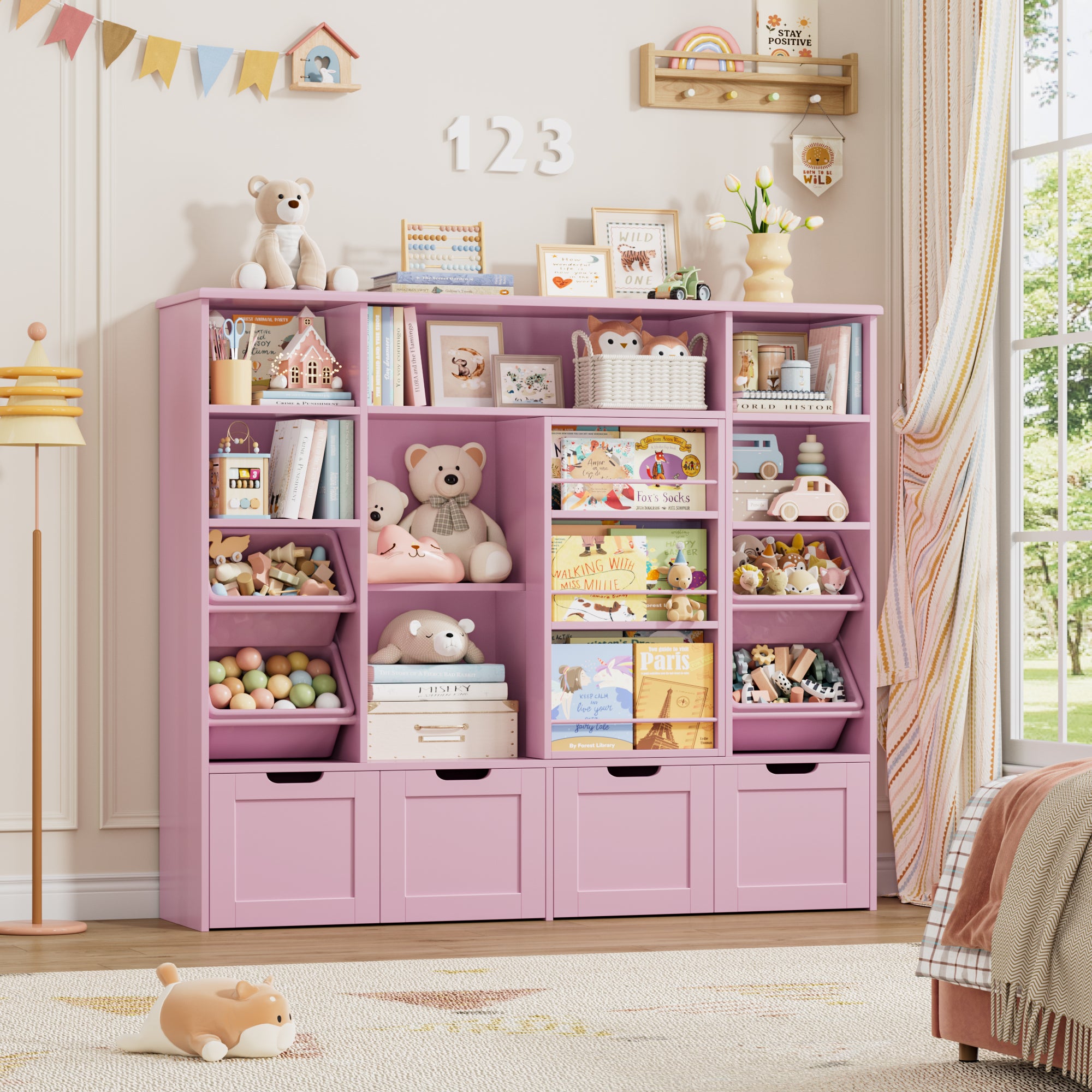 Hiphuta 55"W Kid Toy Storage Organize with Sliding Bookshelf, Kid Bookcase with 4 Removable Drawers, Toy Storage Toy Organize for Kid Bedroom Playroom, Pink
