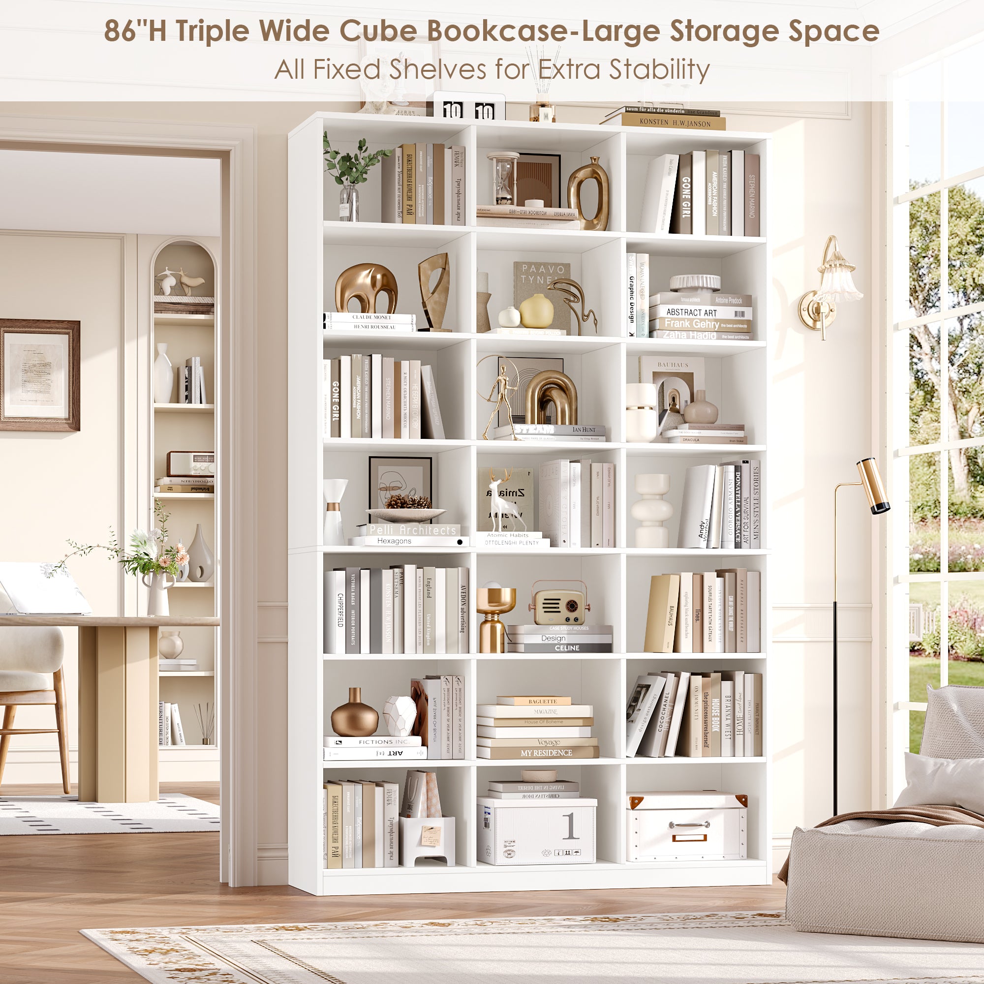 Hiphuta 86"H x 47"W Wood Triple 7-Tier Standard Bookcase, Tall Bookcase for Bedroom, Living Room and Office, Freestanding 21 Cubes Display Storage Shelves, White