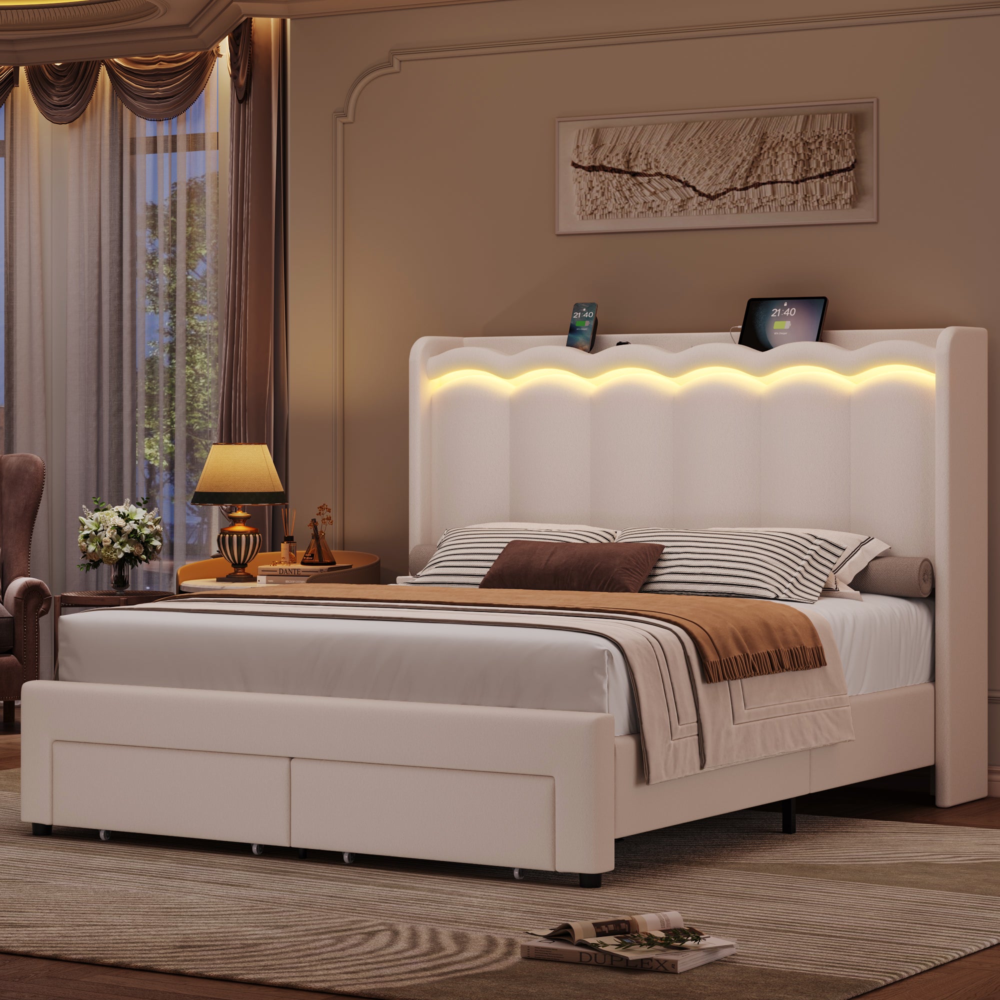 Hiphuta Queen Size Bed with Power Outlet & LED, Upholstered Velvet Beds with Drawer, Queen Beds with Headboard Storage, Beige