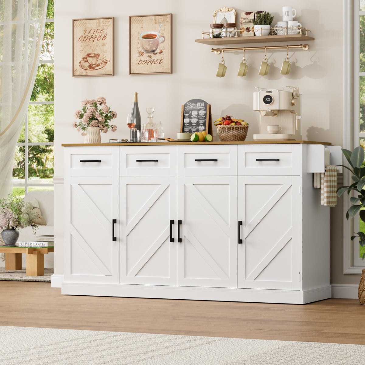 Hiphuta 55"W Kitchen Island Cart with Storage, Rolling Island Table with Trash Can, Adjustable Shelves and 4 Drawers, Movable Buffet Cabinet for Dining room, White
