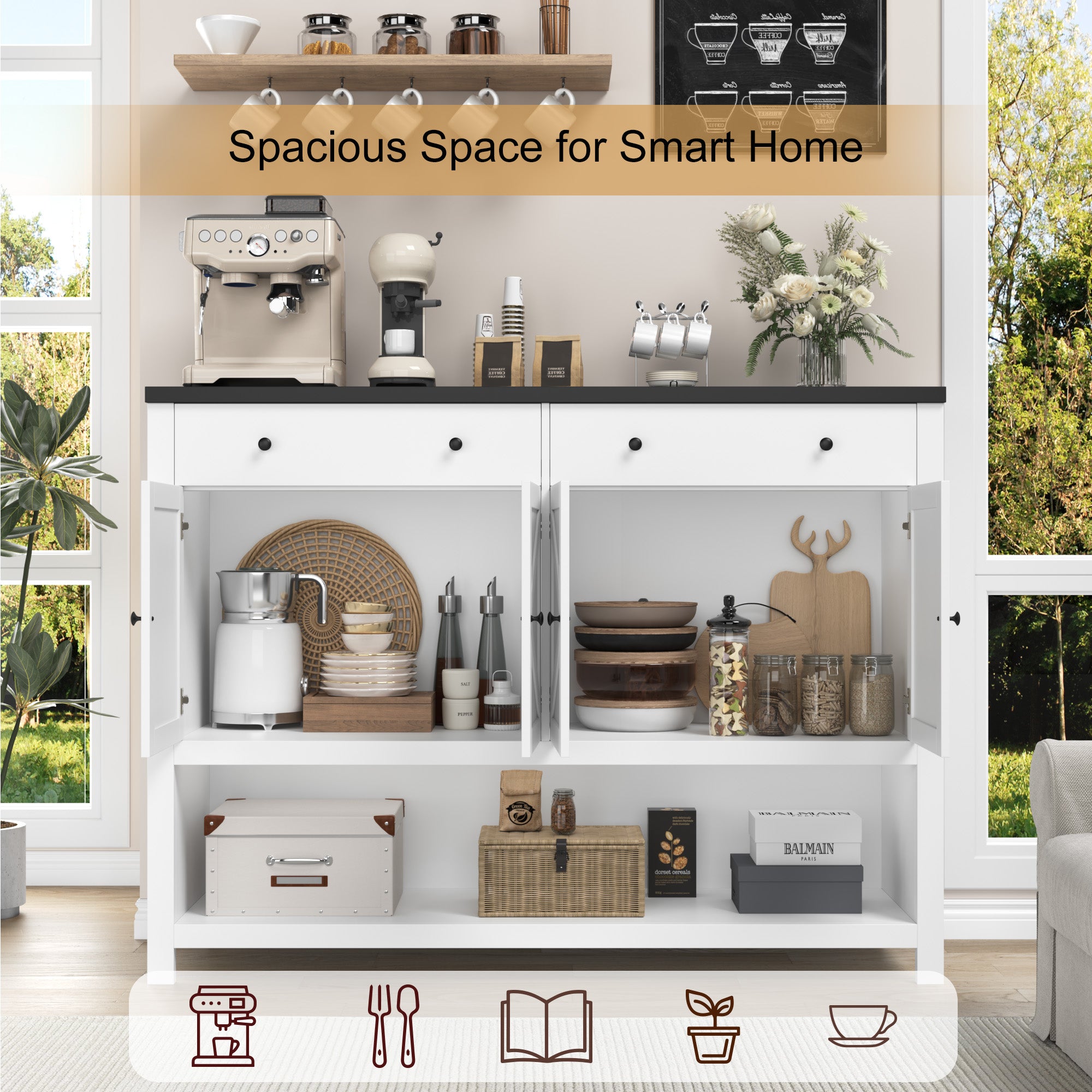 Hiphuta 55" Wide Console Table with 2 Drawers and 2 Double-Door Cabinet, Farmhouse Sideboard with Black Top, White