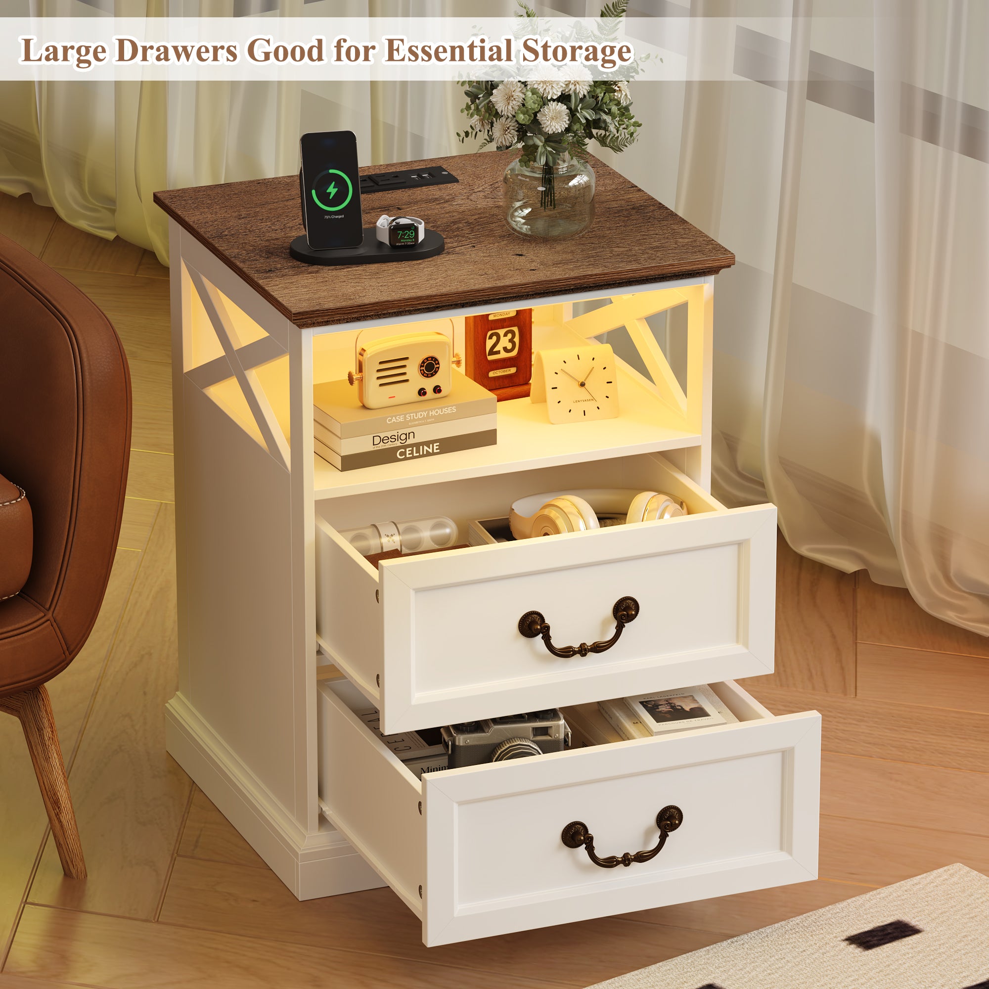 Hiphuta Farmhouse Set of 2 Nightstands with Charge Station, Wood End Table with 3 Drawers for Adult Bedroom, LEDS Bedside Table for Living Room, White