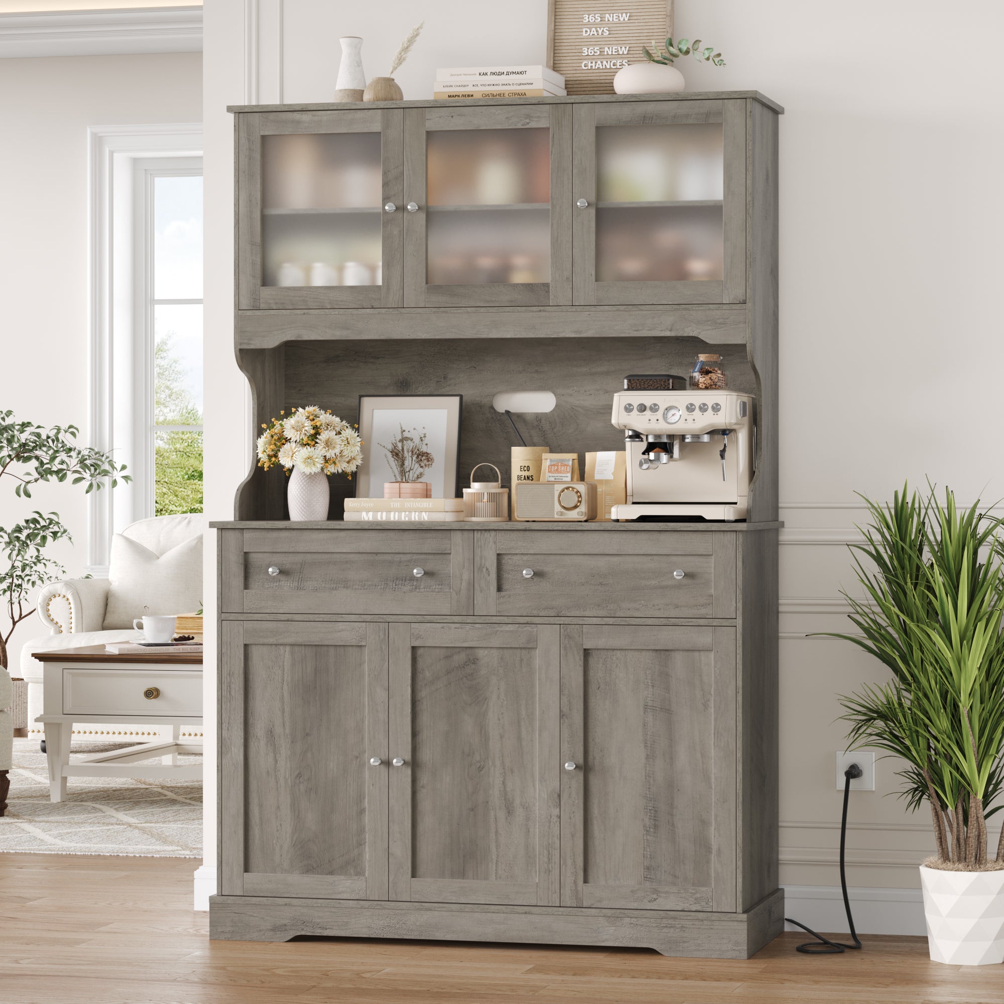 Hiphuta 72” Tall Kitchen Pantry Storage Cabinet with Power Outlet, Freestanding Cupboard Storage Buffet Hutch with Microwave Stand, Storage Pantry with Drawers & Glass Doors, Ash Gray