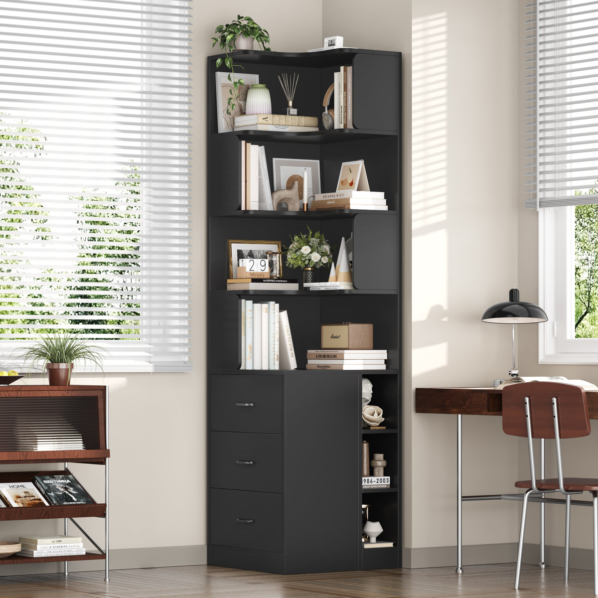 Hiphuta 77"Tall L-Shaped Corner Bookshelf with Drawers and Side Storage, Modern Wood Bookcase with 4-Tier Display Shelves Storage Cabinet for Living Room Home Office , Black
