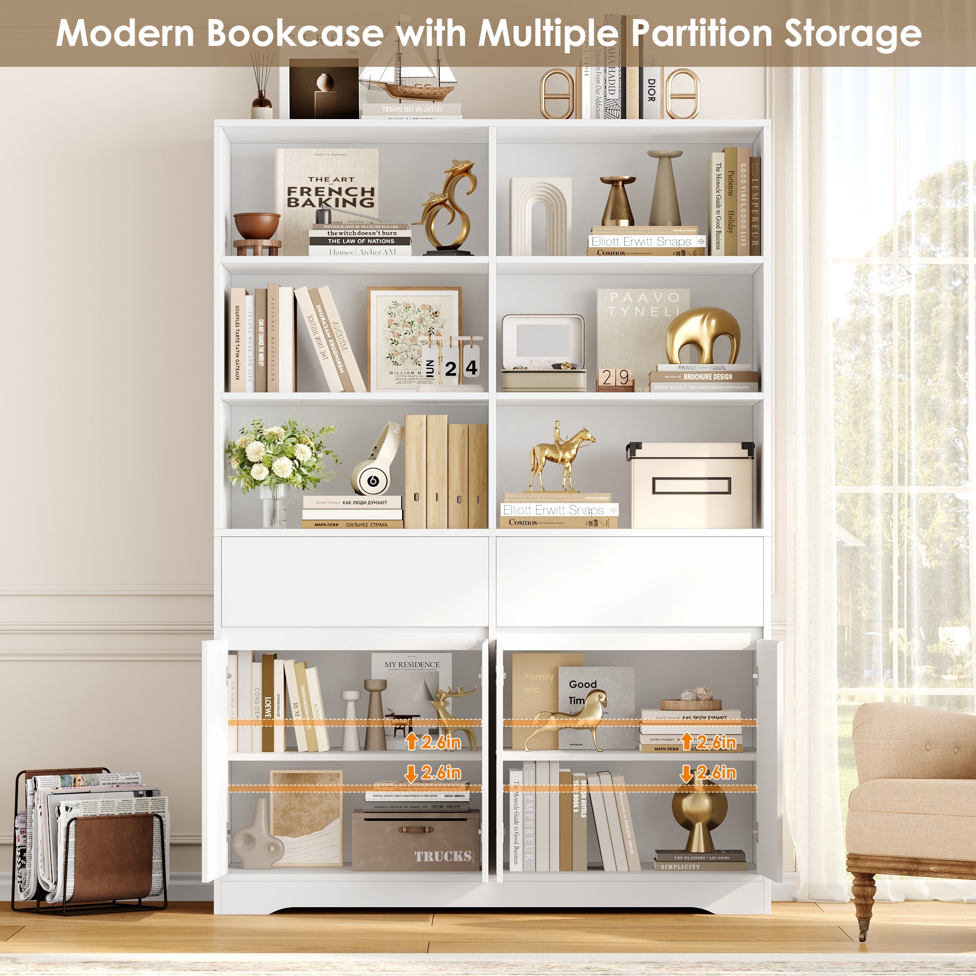 Hiphuta 69"H Modern Bookcases with Doors & Drawers, Large Wooden Display Shelf for Home Office, Wooden Storage Bookshelf for Living Room, White