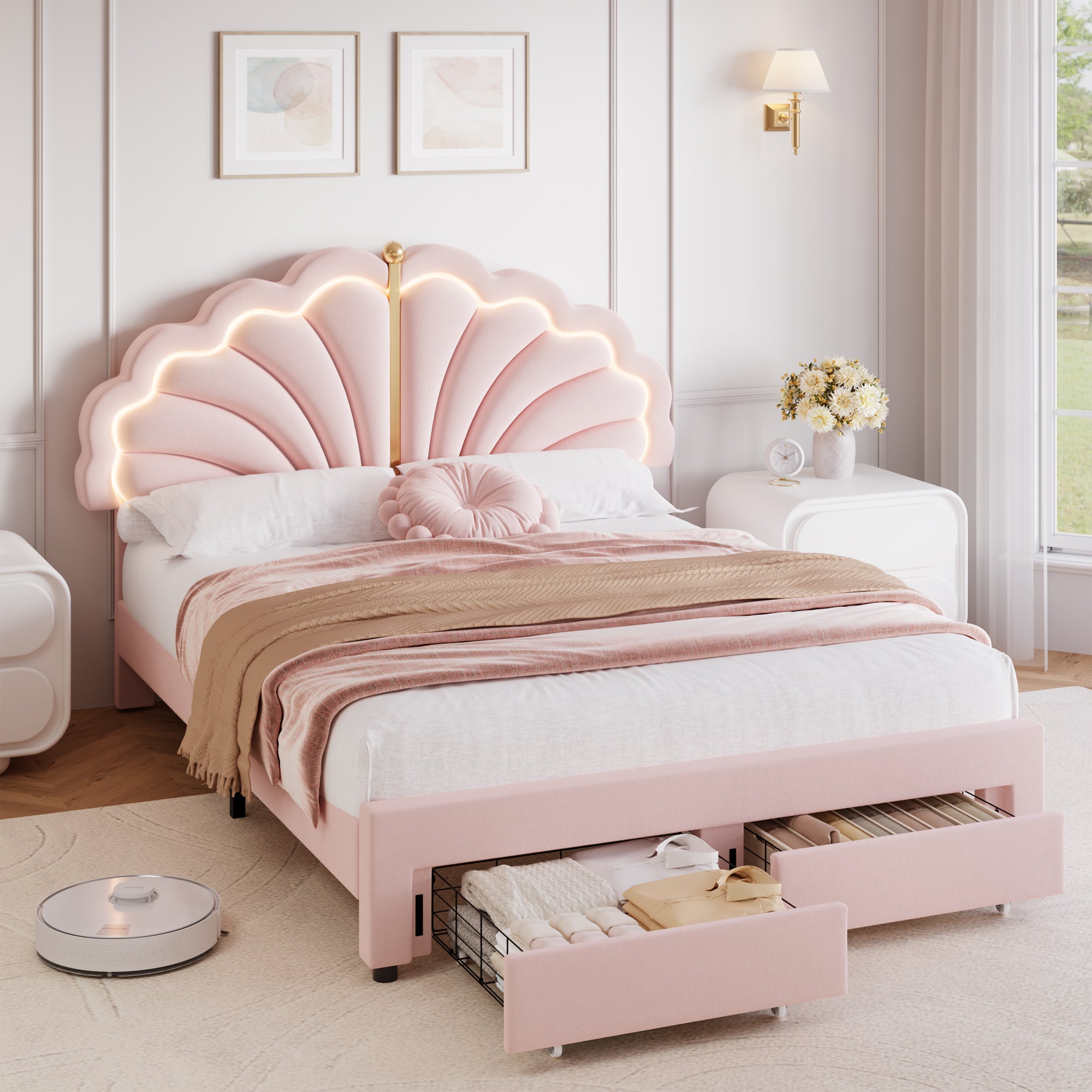 Hiphuta Kids LED Full Bed with 2 Drawers, LED Lights Platform Bed Frame with Upholstered Tufted Headboard, No Box Spring Needed, Velvet Pink
