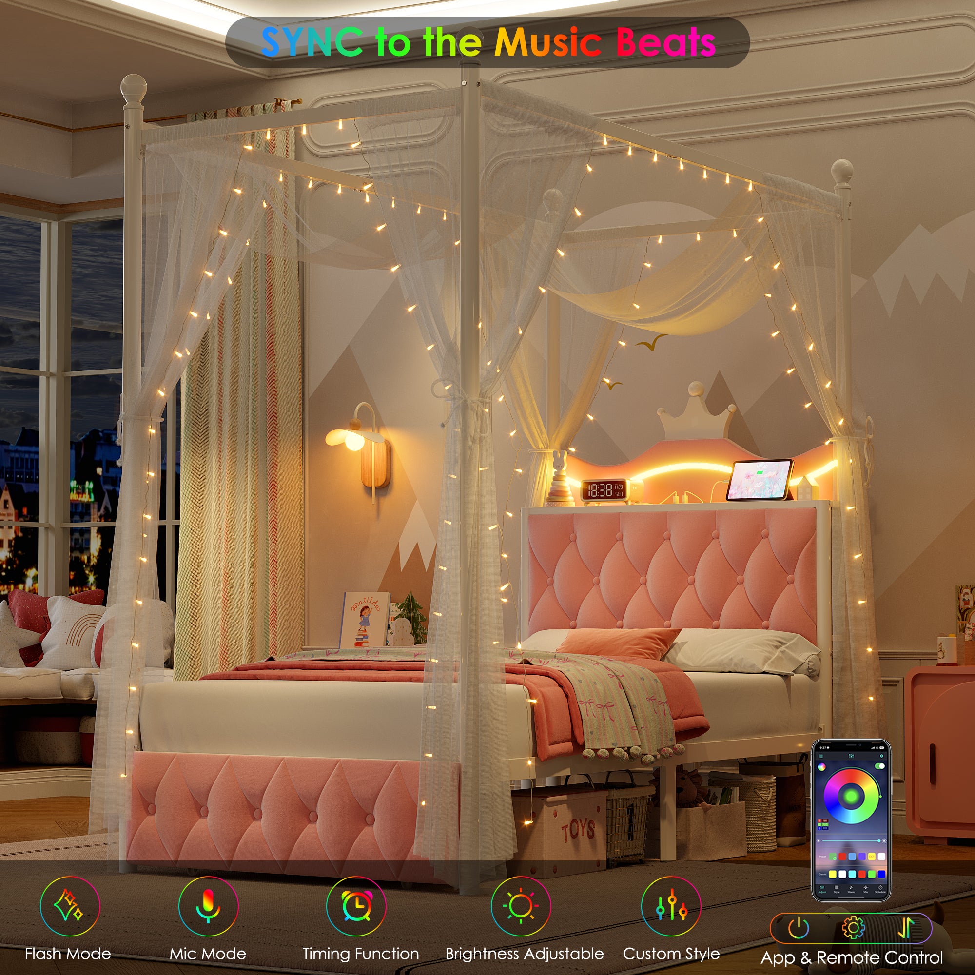 Hiphuta Twin Size Crown Canopy Bed with Power Outlet & LED, Upholstered Princess Beds with 4 Removable Posts, Twin Bed Frame, Pink