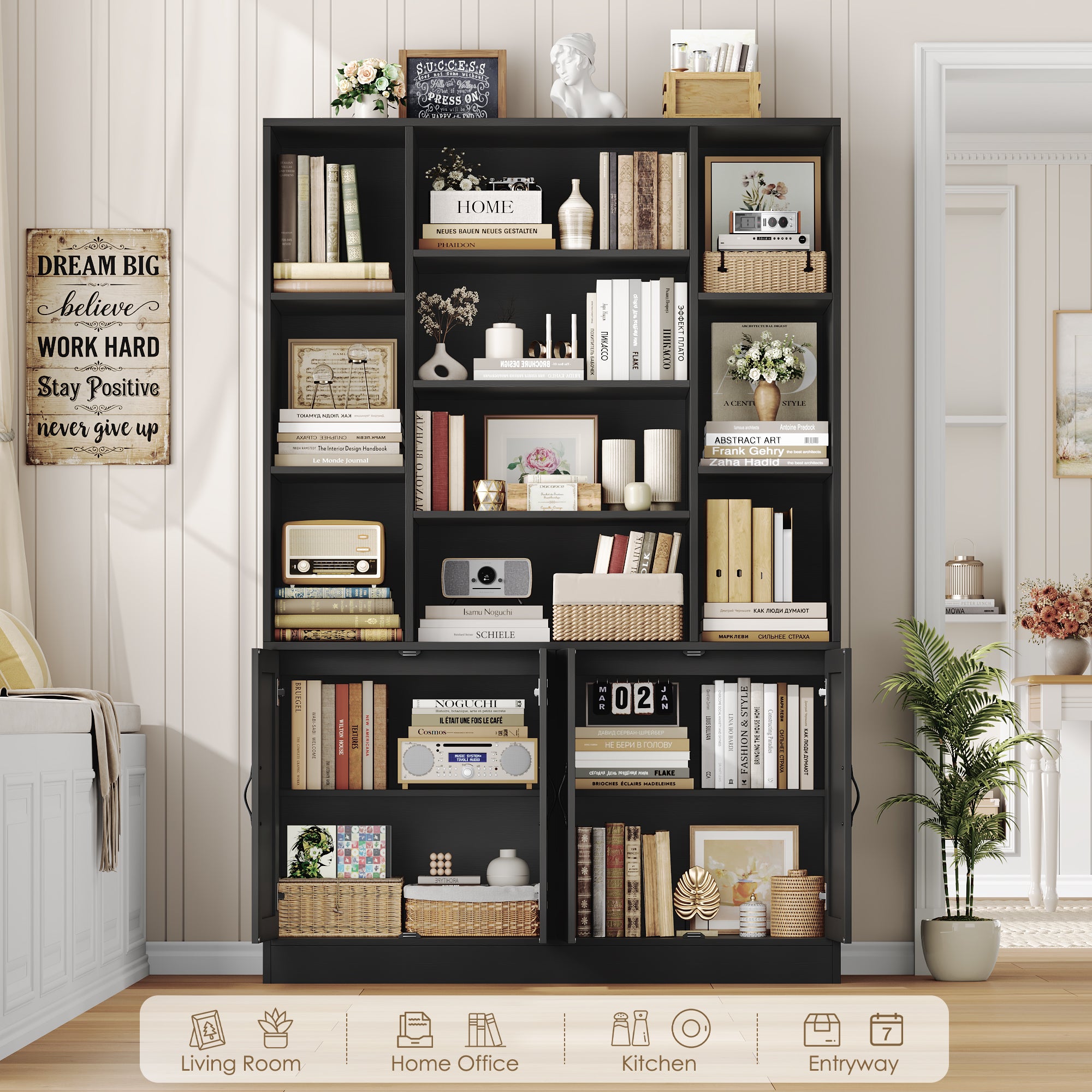 Hiphuta 75" Tall Modern Bookcases with 2 Double Door Cabinet, 47"Wide Wooden Storage Bookshelf for Living Room Home Office Entryway, Black