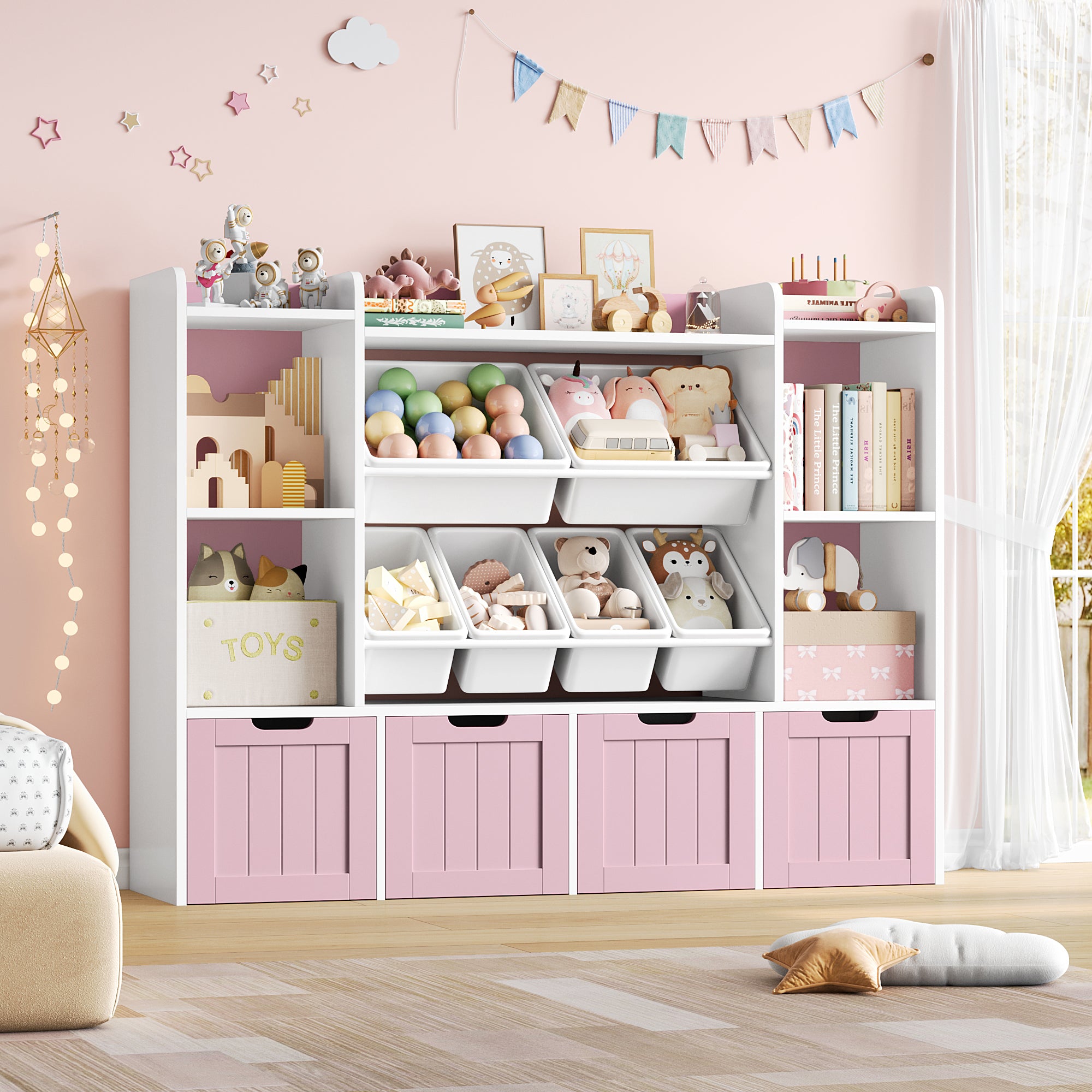 Hiphuta 3 Tier Kids Bookcase with Toy Storage Organizer, Wood Toy Organizer of 6 Boxes & 4 Removable Drawers, Pink