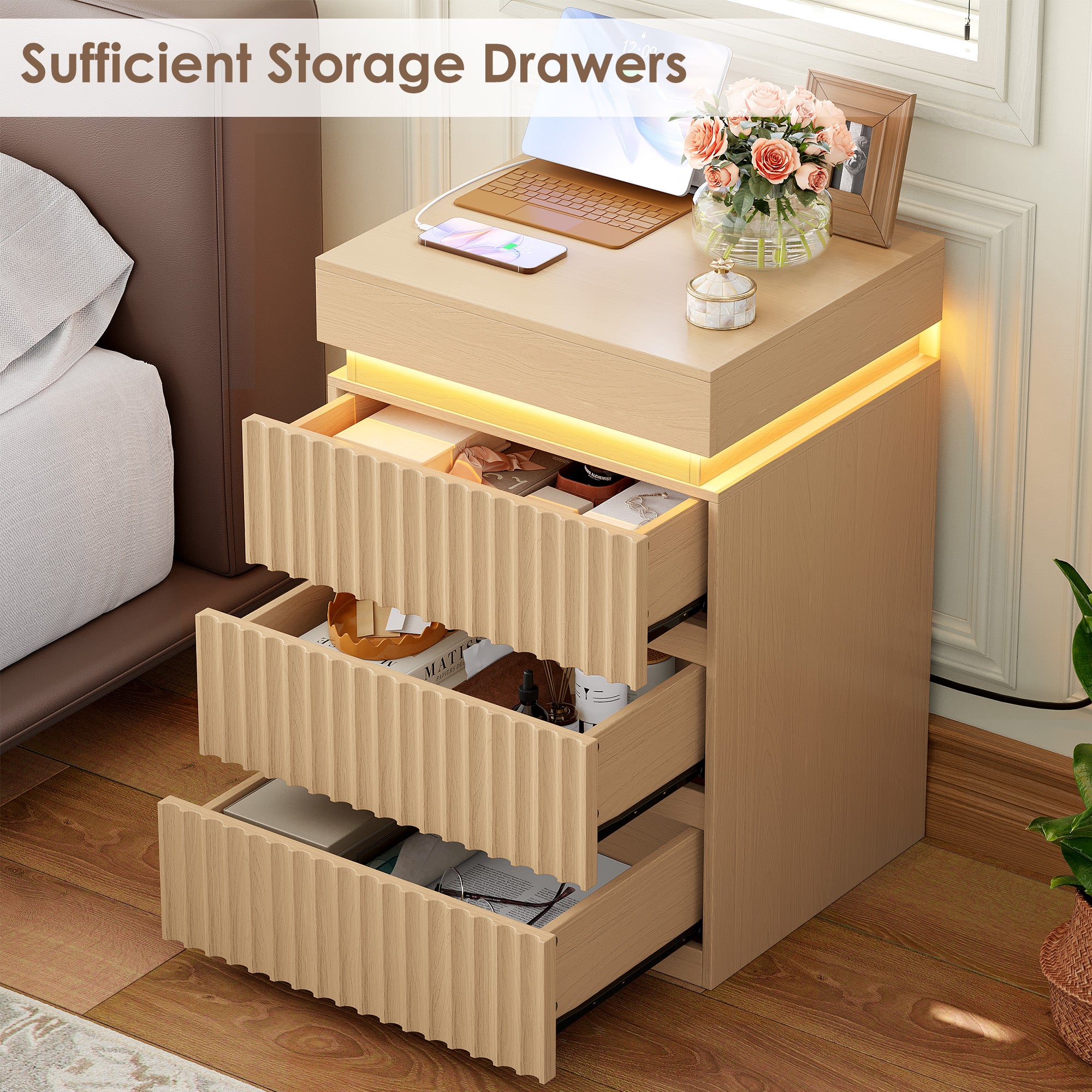 Hiphuta Set of 2 Nightstands with Charging Station, Wood End Table with 3 Drawers for Adult Bedroom Living Room, Oak