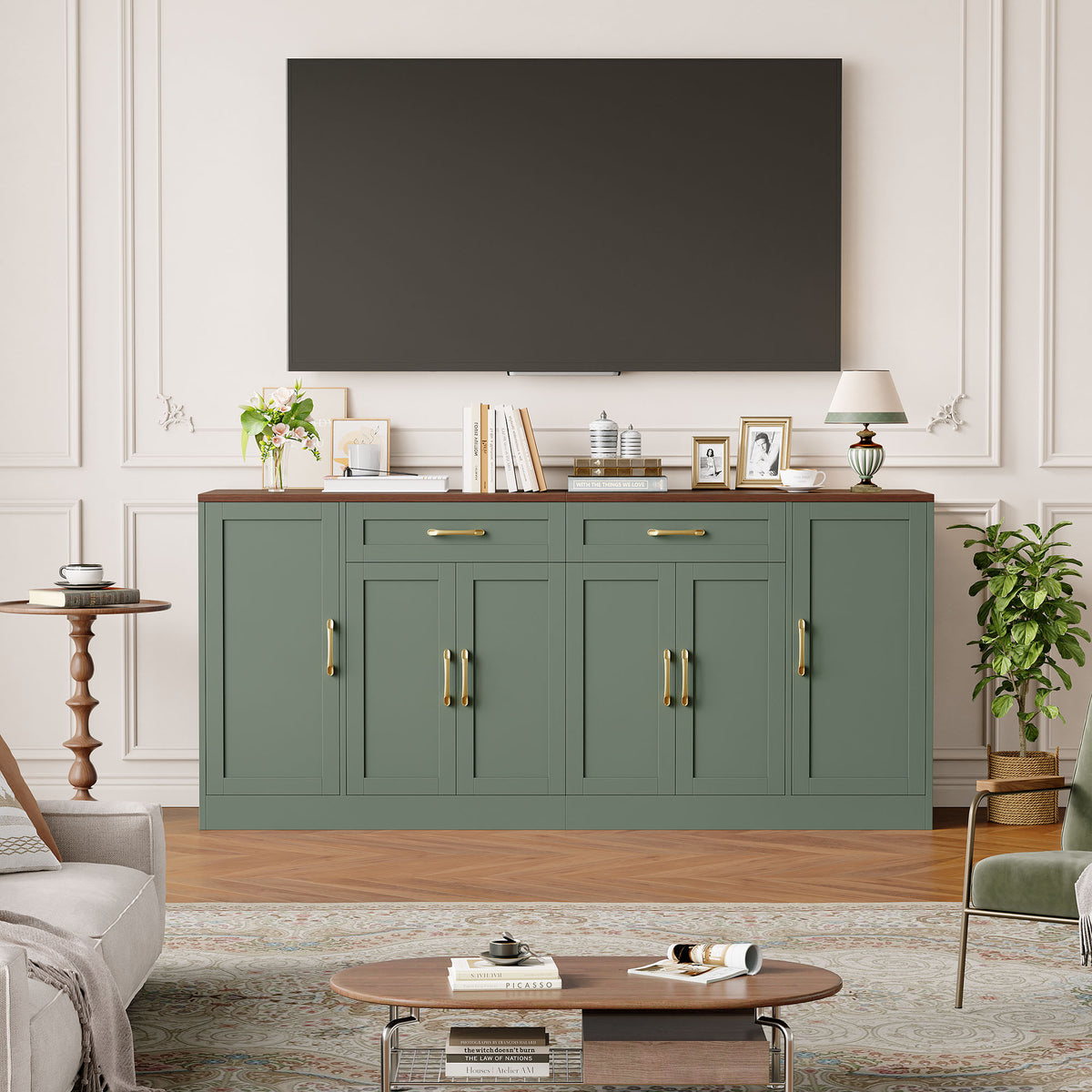 Hiphuta 70.8"W Large Buffet Cabinet with 6 Doors, Modern Farmhouse Sideboard with 2 Drawers, Coffee Bar for Kitchen Dining Room Living Room, Green