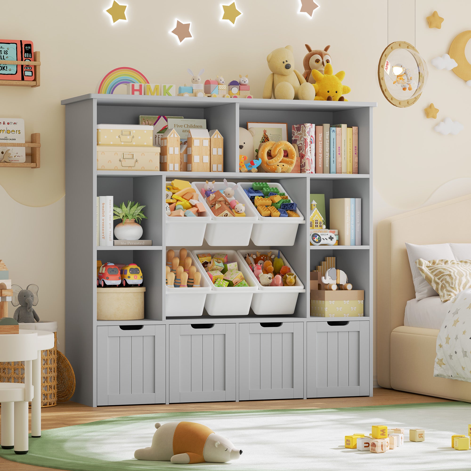 Hiphuta 49" Wide 4-Tier Toy Storage Organizer, Wood Kid Bookcase with 6 Boxes & 4 Removable Drawers, Bookshelf for Kids' Room, Classroom, Gray + White Boxes