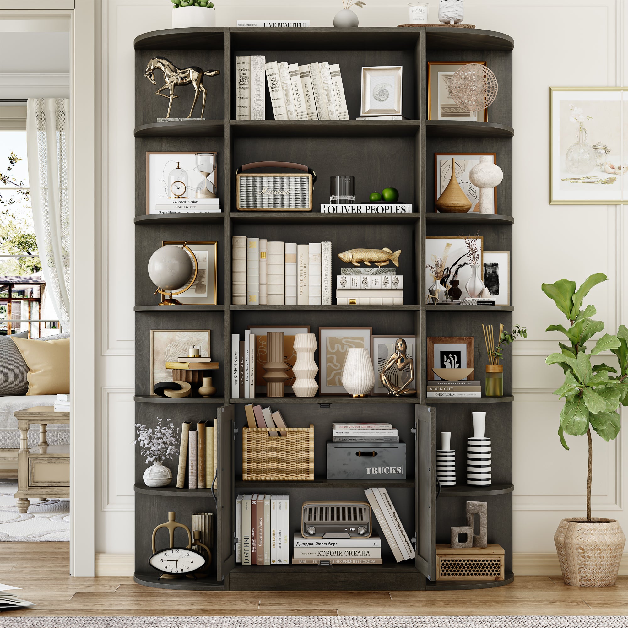 Hiphuta 74.8”Tall Bookcases with Cabinet, Extra Large 6-Tier Wooden Bookshelf for Living Room, Display Bookshelf for Home Office, Dark Brown