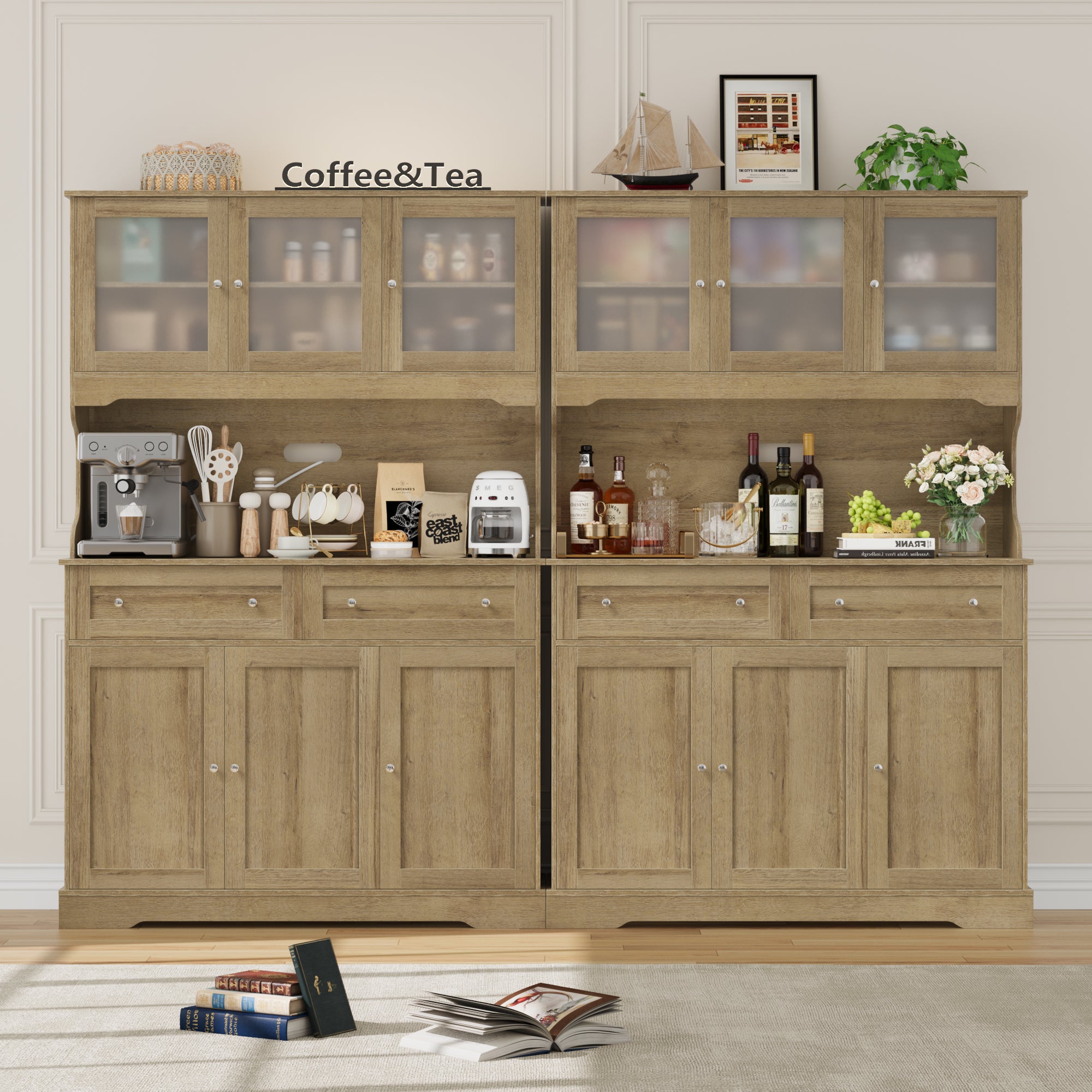 Hiphuta 72” Tall Kitchen Pantry Storage Cabinet with Power Outlet, Freestanding Cupboard Storage Buffet Hutch with Microwave Stand, Storage Pantry with Drawers & Glass Doors, Oak