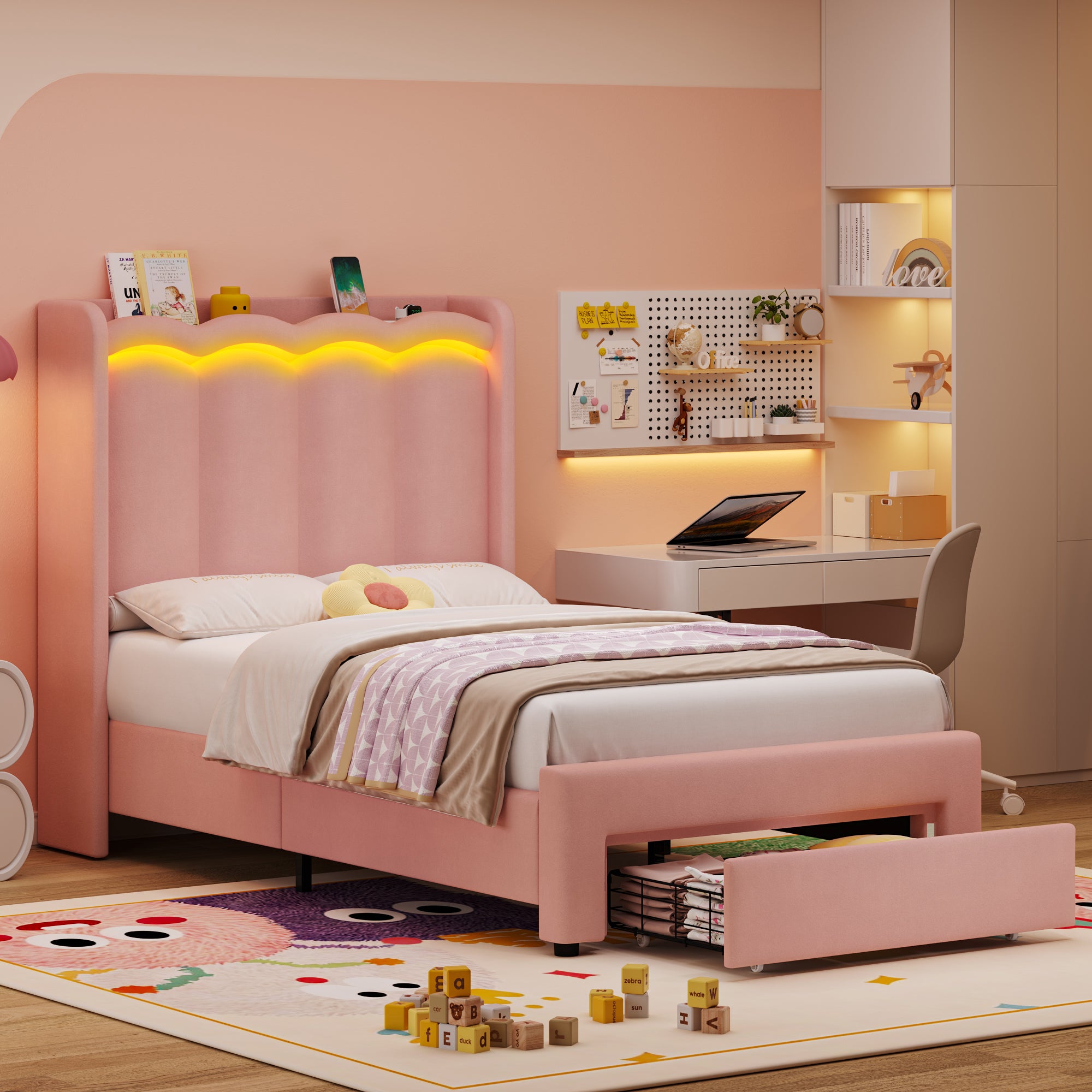 Hiphuta Twin Size Bed with Power Outlet & LED, Upholstered Princess Beds with Drawer, Twin Beds with Headboard Storage, Pink