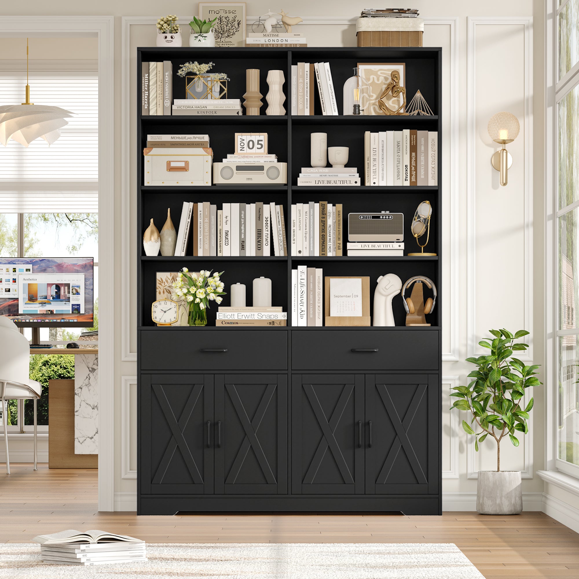 Hiphuta Bookcase with 3 Drawers, Large Farmhouse Bookshelf and Bookcase with Cabinet, Black