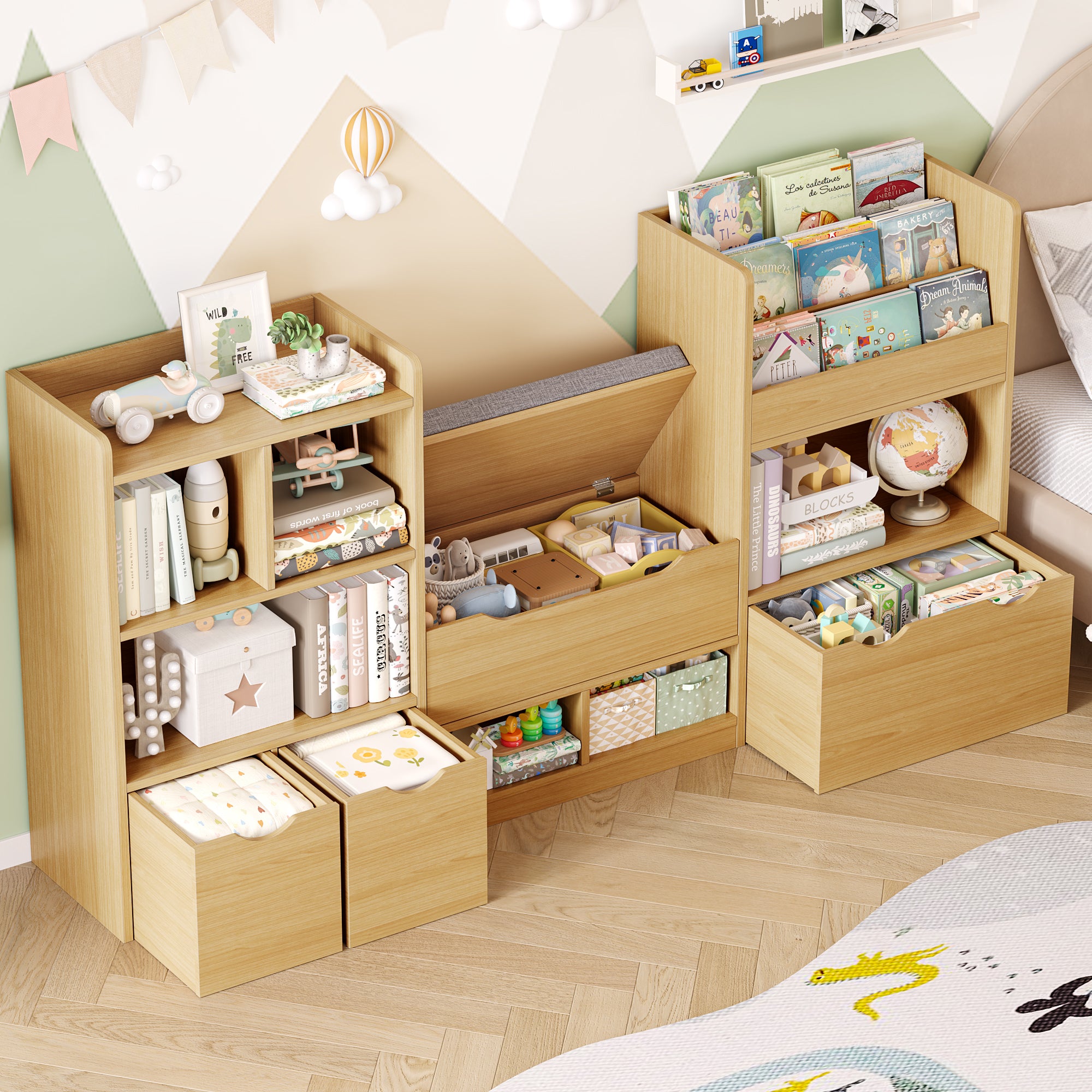 Hiphuta 72"Wide Kids Bookshelf with Reading Nook and Under Bench Storage, Kids Bookcase with Toy Organizer & Book Rack for Kids, Natural