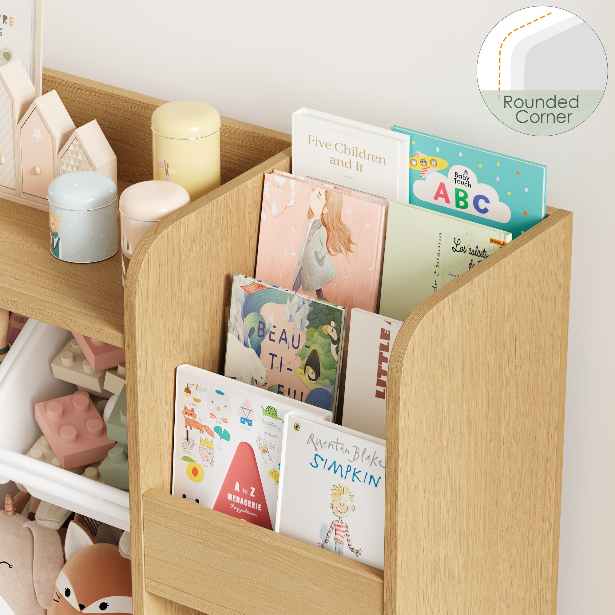 Hiphuta Kid Storage Toy Organizer, Wood Toy Storage Organizer with 4 Toy Boxes, Kids Bookcase with Book Rack, Natural
