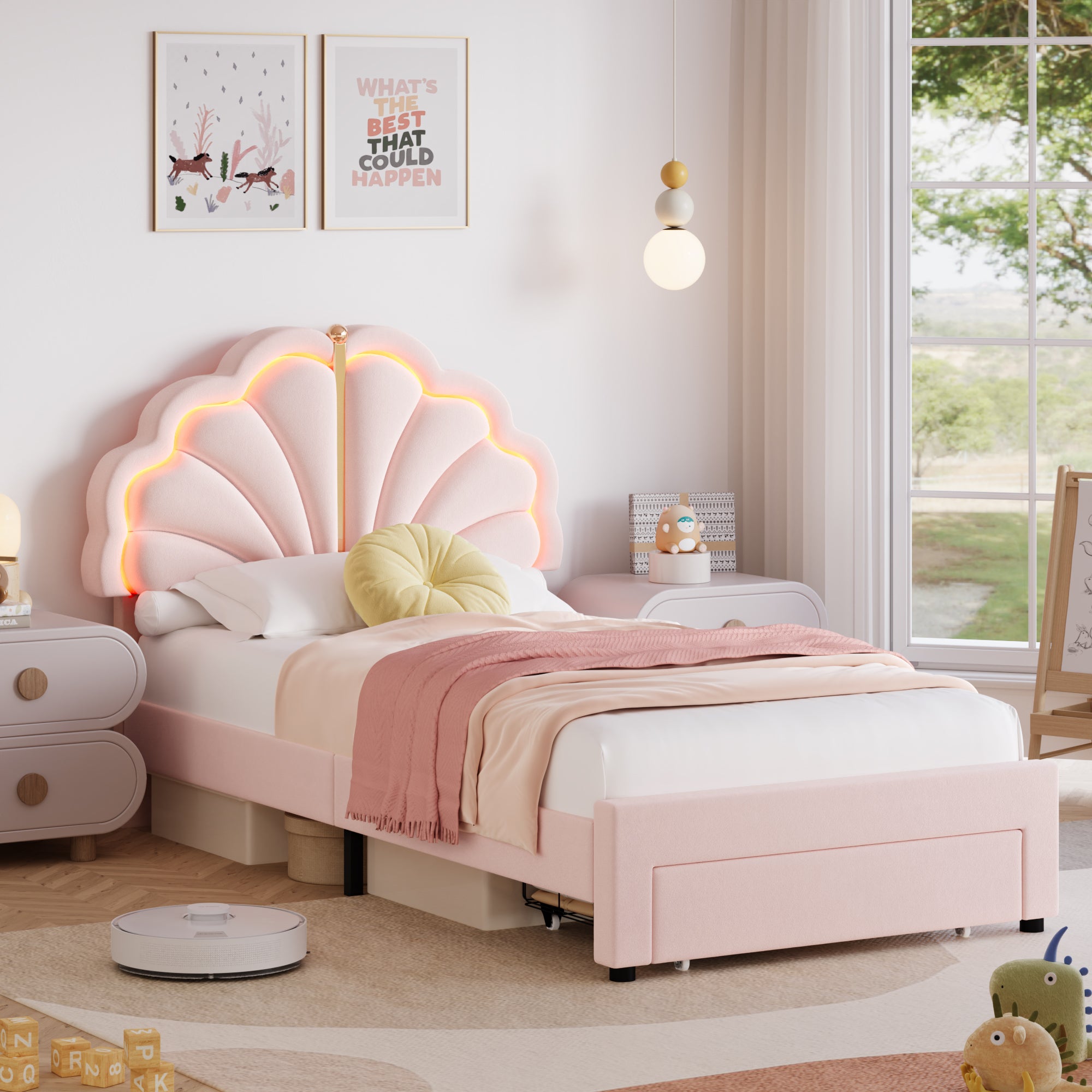 Hiphuta Kids LED Twin Bed with 2 Drawers, LED Lights Platform Bed Frame with Upholstered Tufted Headboard, No Box Spring Needed, Velvet Pink