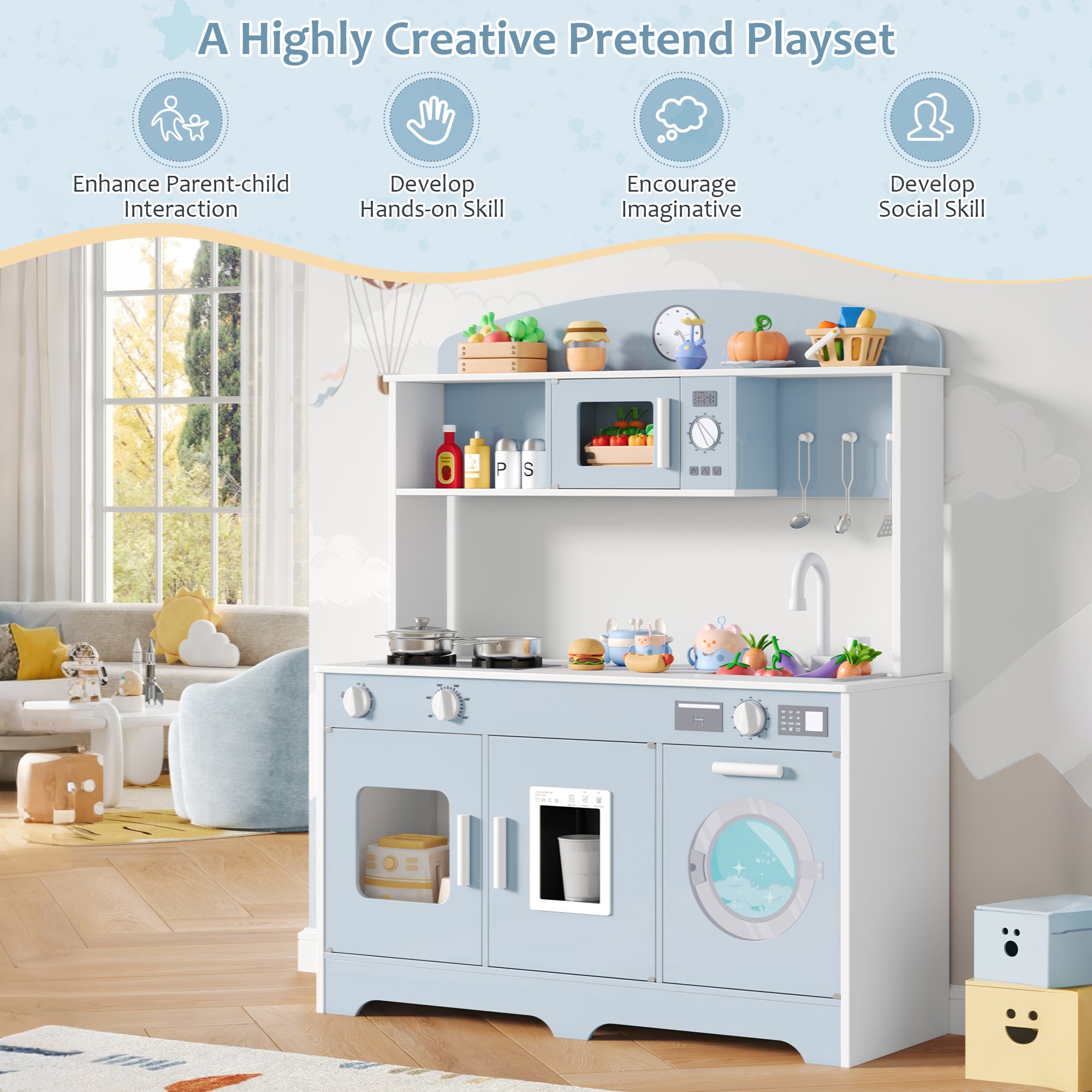 Hiphuta Play Kitchen for Kids, Wooden Kids Kitchen Playset with Plenty of Play Features, Chef Pretend Play Set for Boys and Girls Age Ages 3-10, Toys Kitchen with 11 Pcs Accessories, Blue