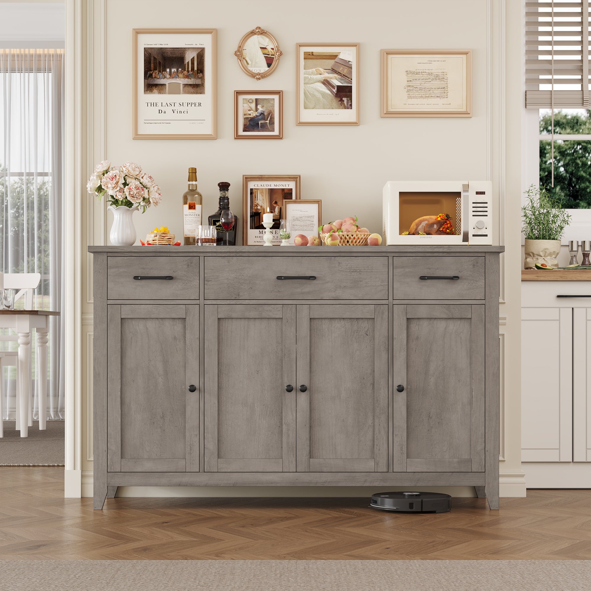 Hiphuta 55"Wide Buffet Cabinet with 2 Adjustable Shelves, Modern Farmhouse Coffee Bar with 3 Drawers and Sturdy Base for Living Room, Ash Gray