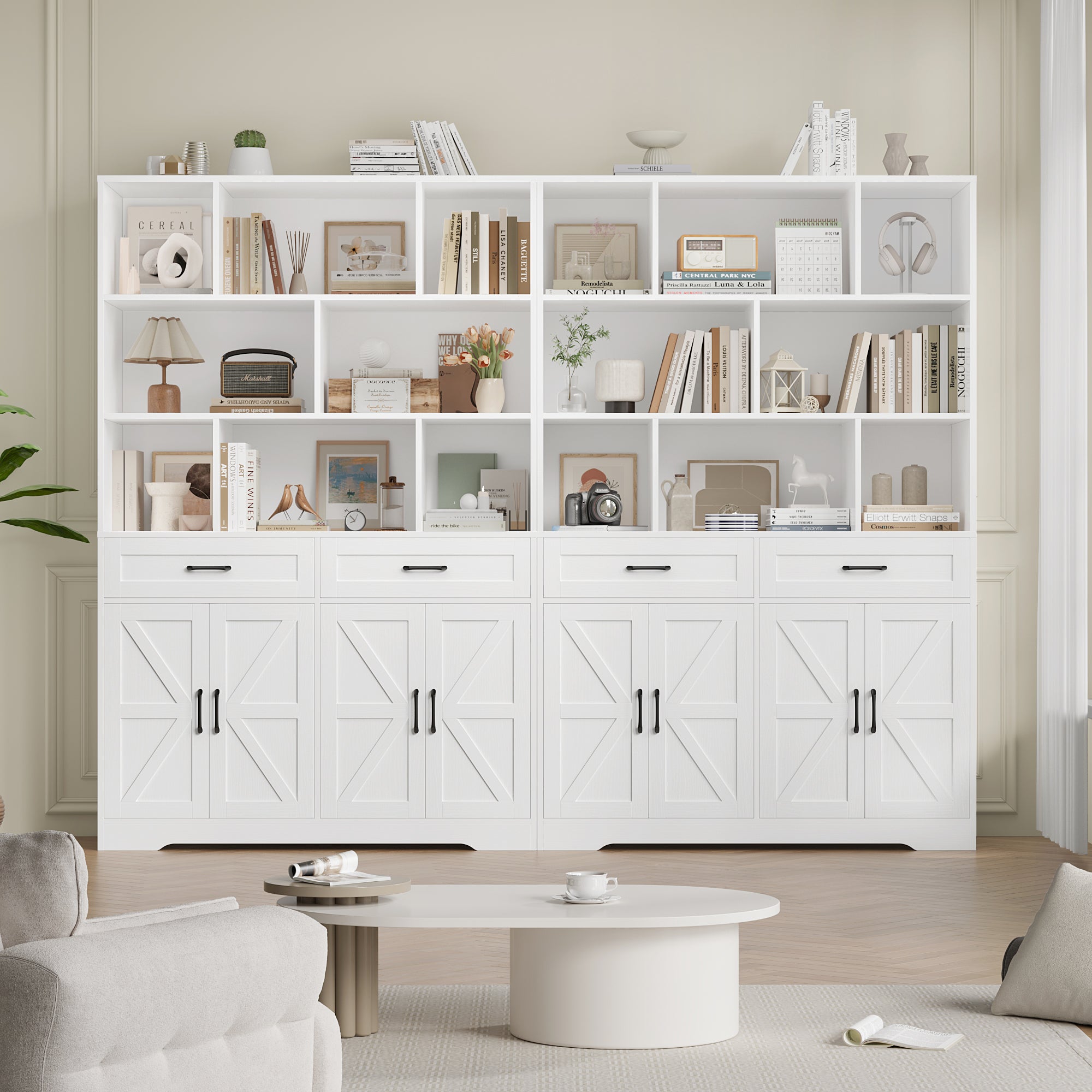 Hiphuta 6-tier Bookcase with Drawers & Doors, 71" Tall Bookcases, Wooden Storage Bookshelf for Living Room Home Office, White