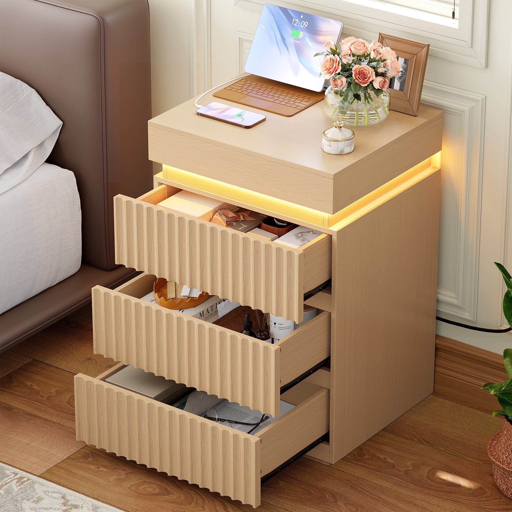 Hiphuta Set of 2 Nightstands with Charging Station, Wood End Table with 3 Drawers for Adult Bedroom Living Room, Oak