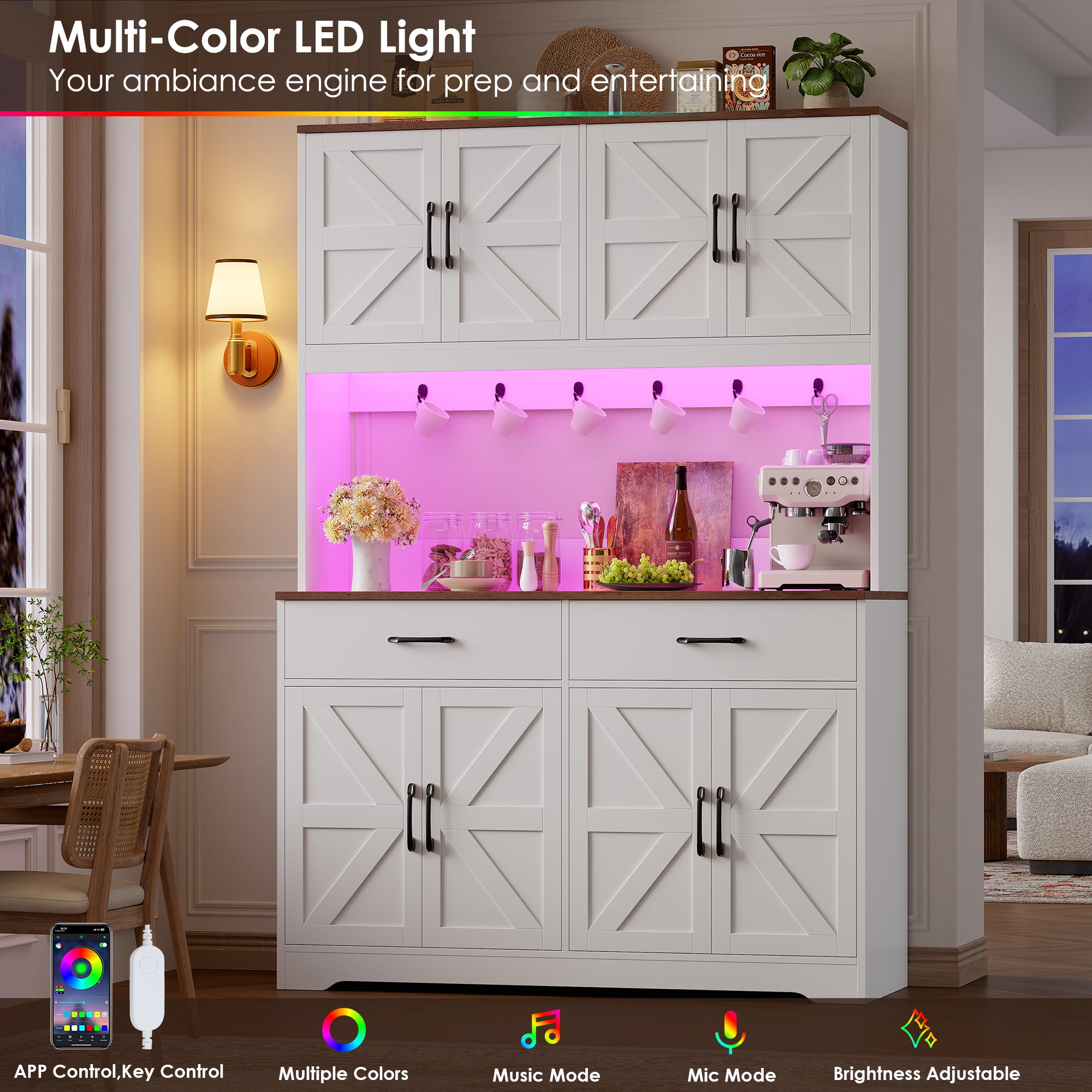 Hiphuta 71" Tall Kitchen Pantry Storage Cabinet with RGB LED and 6 Metal Hooks, Farmhouse Coffee Bar Cabinet with Charging Station, Buffet with Hutch and Microwave Stand, White