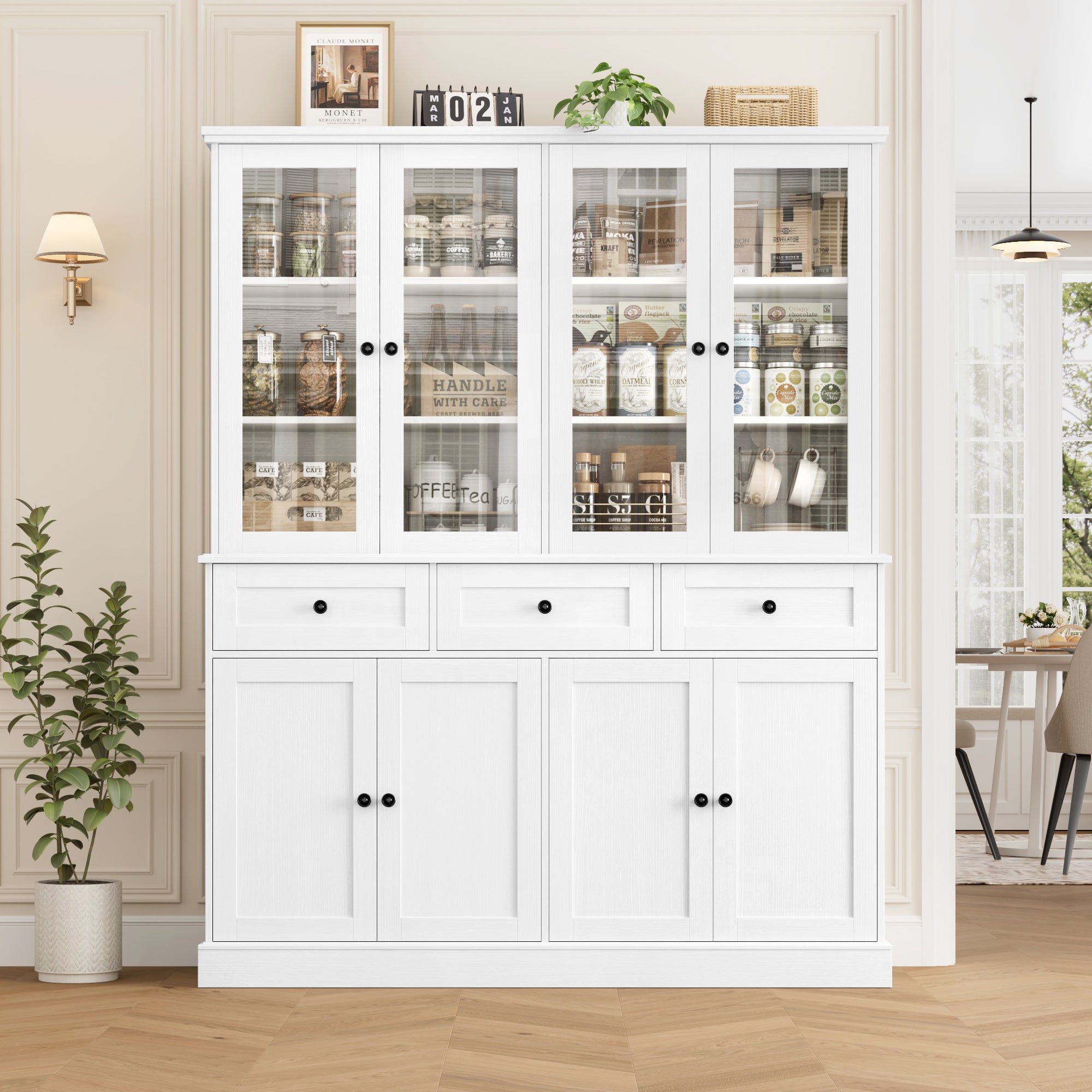 Hiphuta 58" Extened Wide Farmhouse Kitchen Pantry Storage Cabinet, 71”H Freestanding Hutch with 8 Doors and 3 Drawers for Kitchen, White