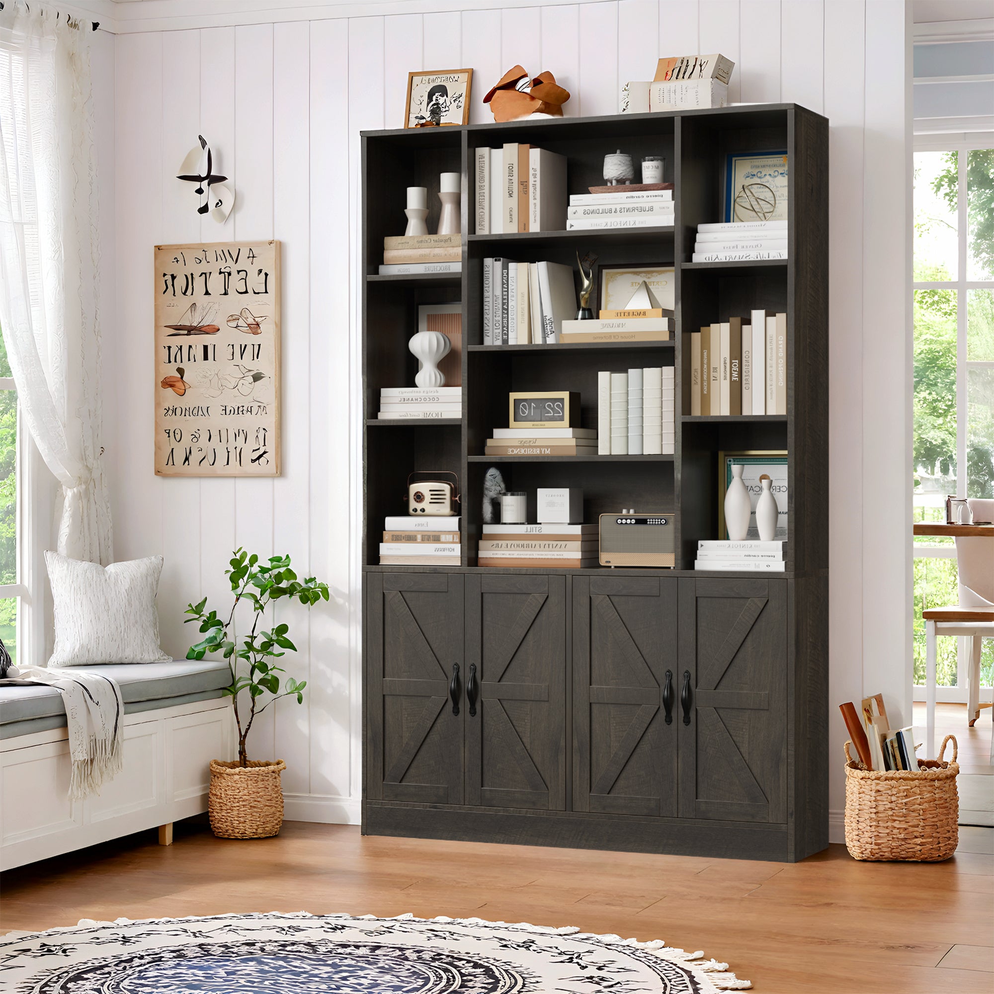 Hiphuta 74.8" Tall Bookcases with 2 Double Door Cabinet, Wooden Storage Bookshelf for Living Room Home Office, Dark Brown