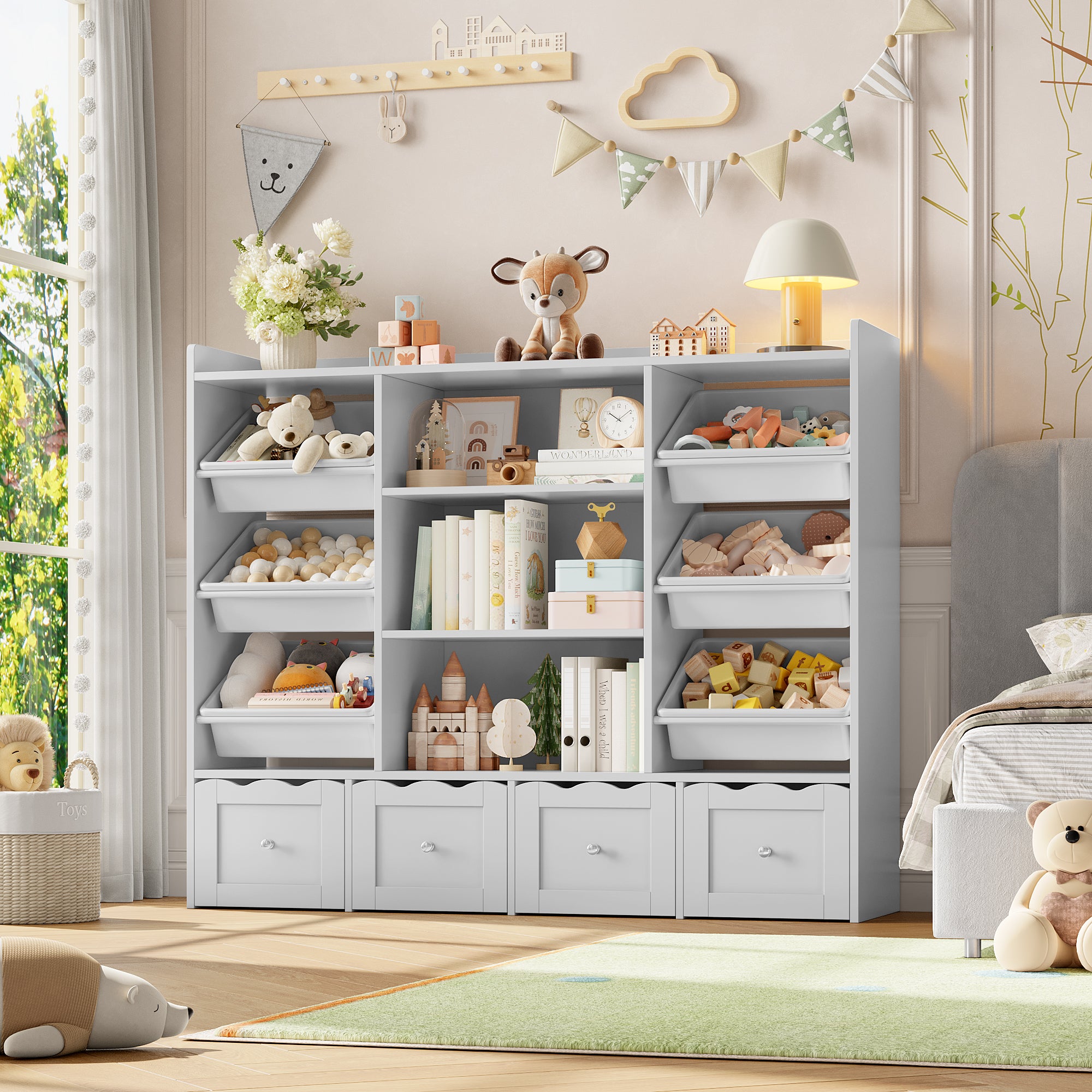 Hiphuta 55" Wide Toy Storage Organizer with 4 Removable Drawers, 4-Tier Kid Bookcase with 6 Bins, Toy Organizer with Bookcase for Kid Bedroom Playroom, Gray