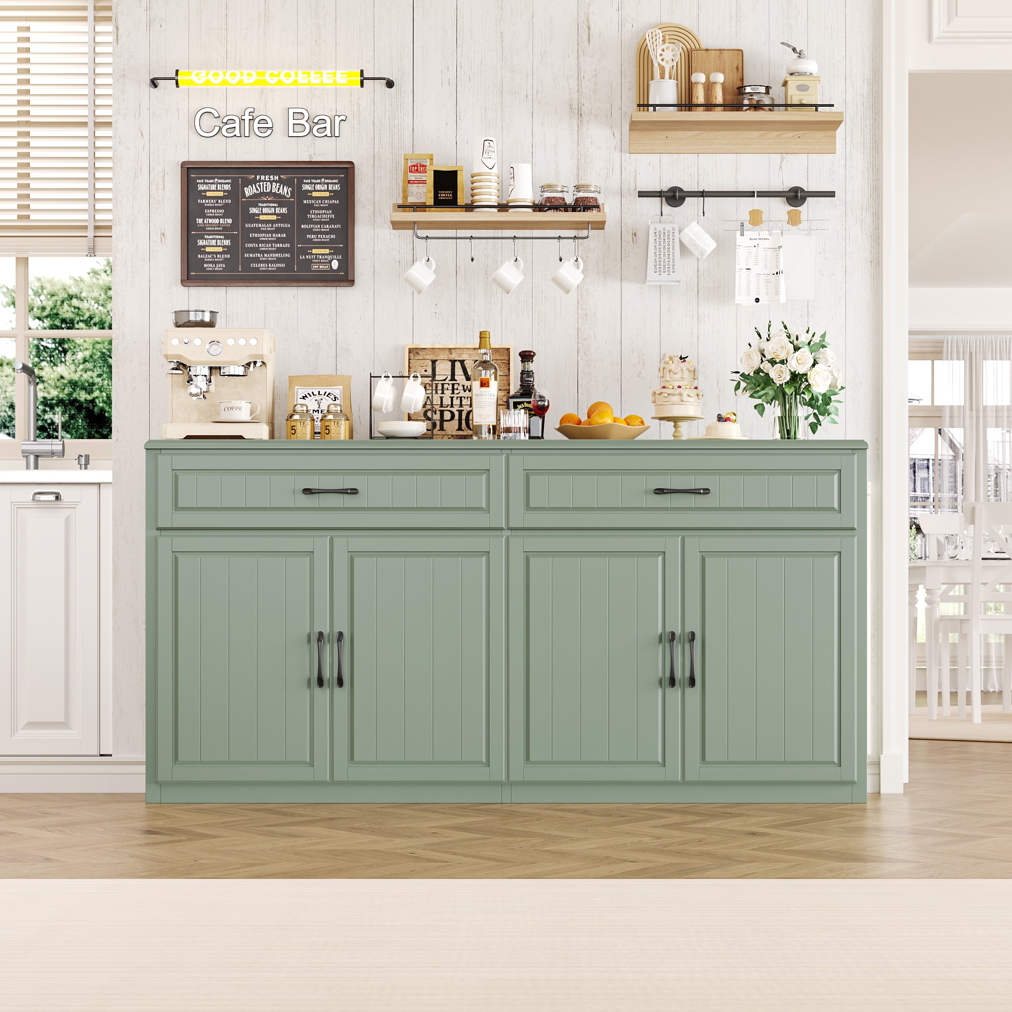 Hiphuta 63"Extended Wide Large Buffet Cabinet with 2 Drawers, Modern Coffee Bar Sideboard with Dusty-proof Base for Living Room and Entryway, Green