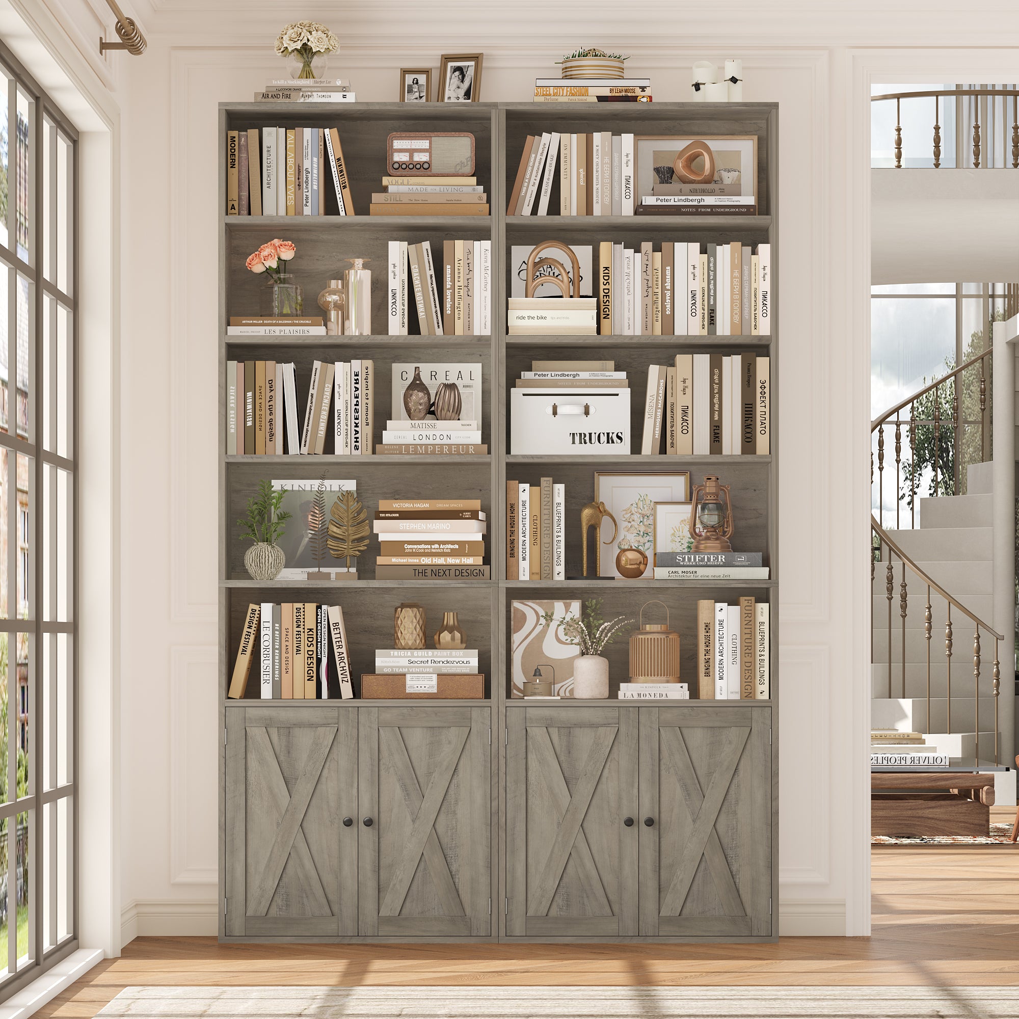 Hiphuta 81.5" Tall Bookcase with Doors, 5-Tier Bookshelves with Storage, 23.6"W Display Shelf with 2 Doors for Home Office, Living Room, Ash Gray