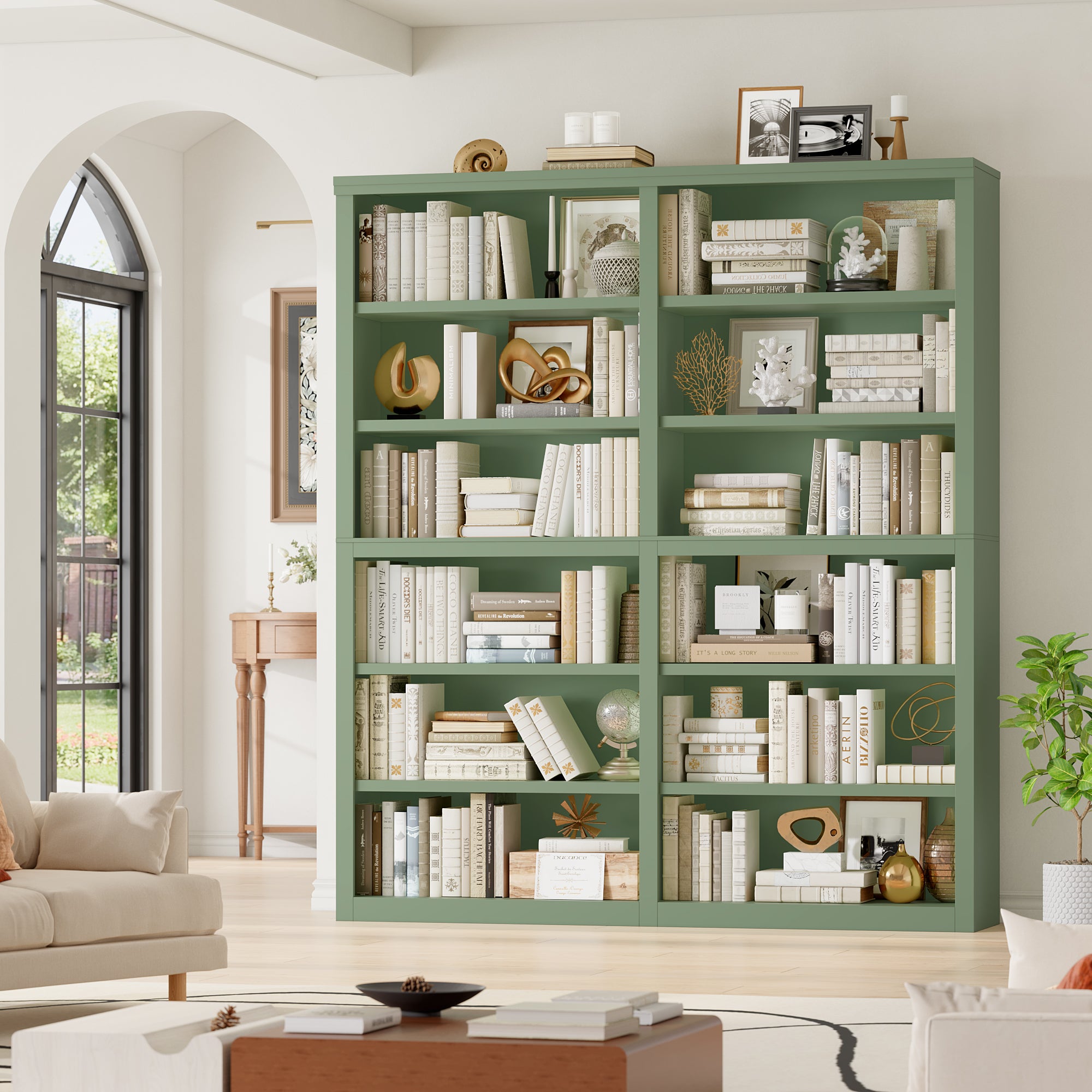 Hiphuta 63"W Extra Large and Sturdy Bookcase, Double Wide 6-Tier Bookshelf, Tall Bookcase for Home Office and Living Room, Wooden Freestanding Display Shelf, Green