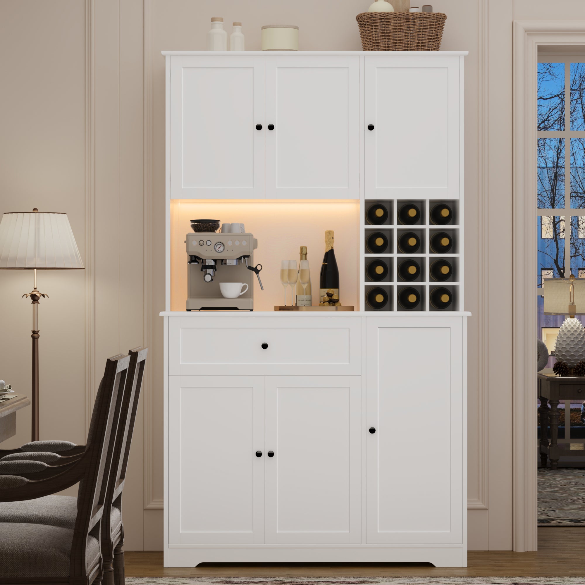 Hiphuta 71" Pantry Cabinet with Charging Station, Kitchen Pantry Storage Cabinet with Microwave Stand & Wine Rack, Kitchen Hutch Cabinet with Storage Drawers, Food Pantry Cabinet with Countertop for Dining Room, White