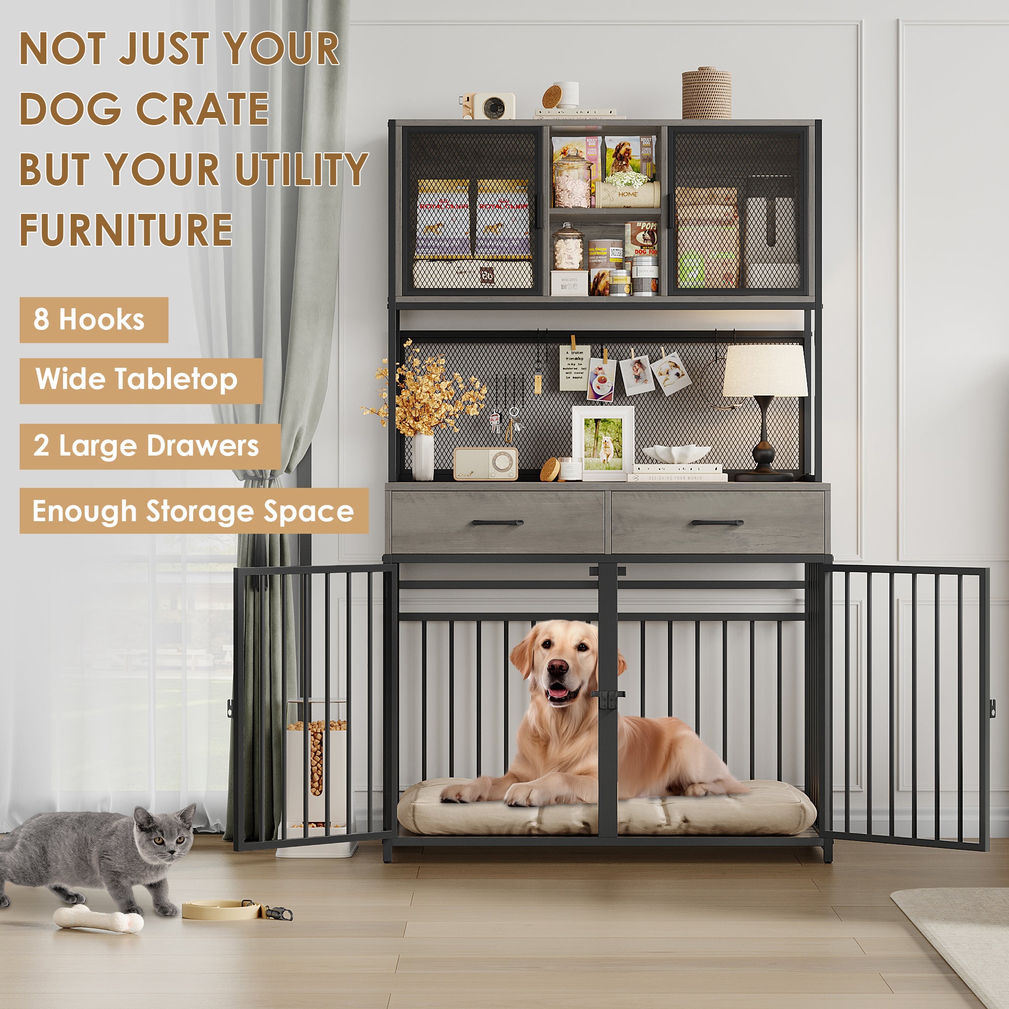 Hiphuta Dog Crate Furniture, Wooden Dog Crate with Drawers, Large Dog Cage Furniture for Living Room, Decorative Pet Sturdy Dog Kennel Furniture for Indoor, Ash Gray