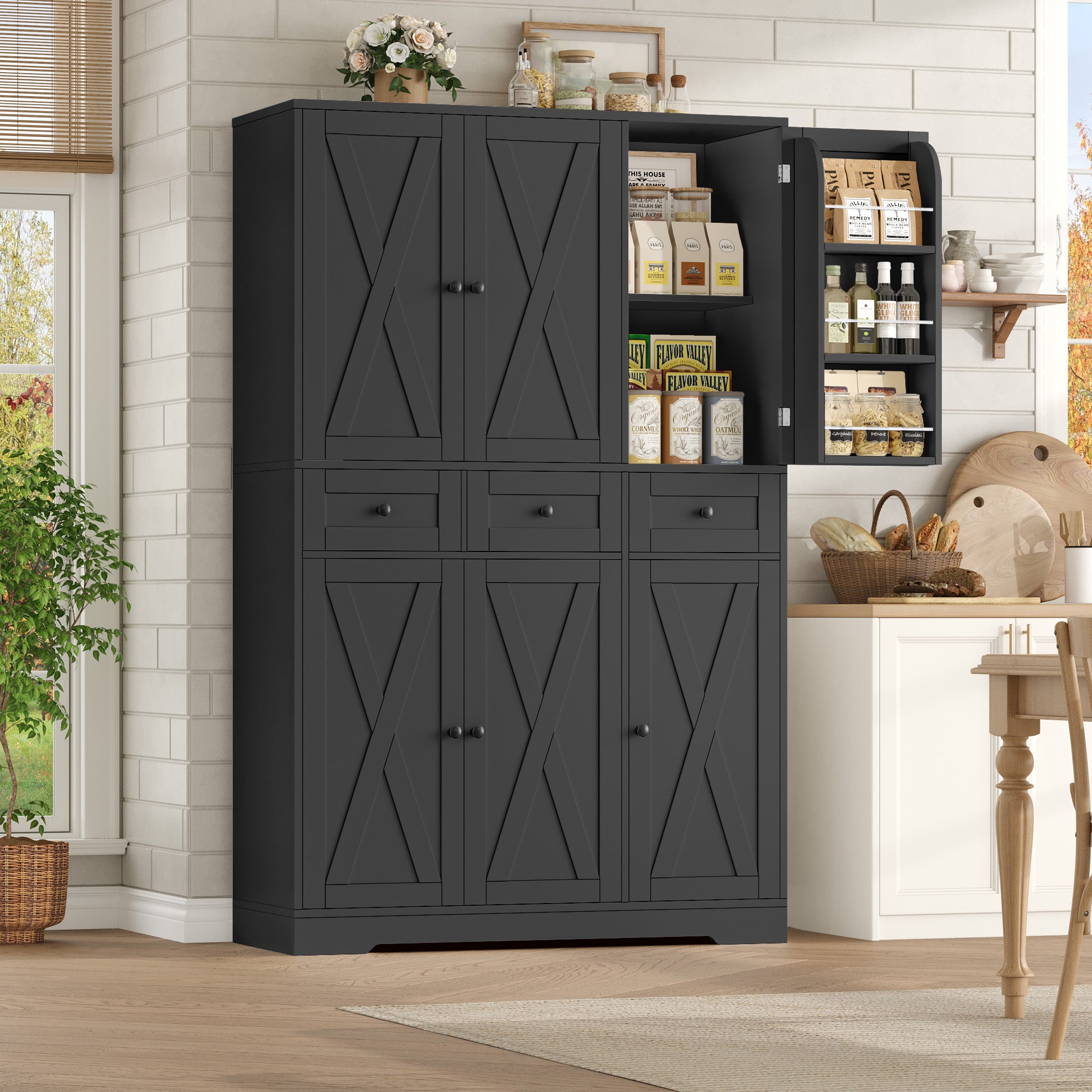 Hiphuta Farmhouse Kitchen Pantry Cabinet with Doors, Large Pantry Stroage Cabinet for Kitchen Dining Room, Black