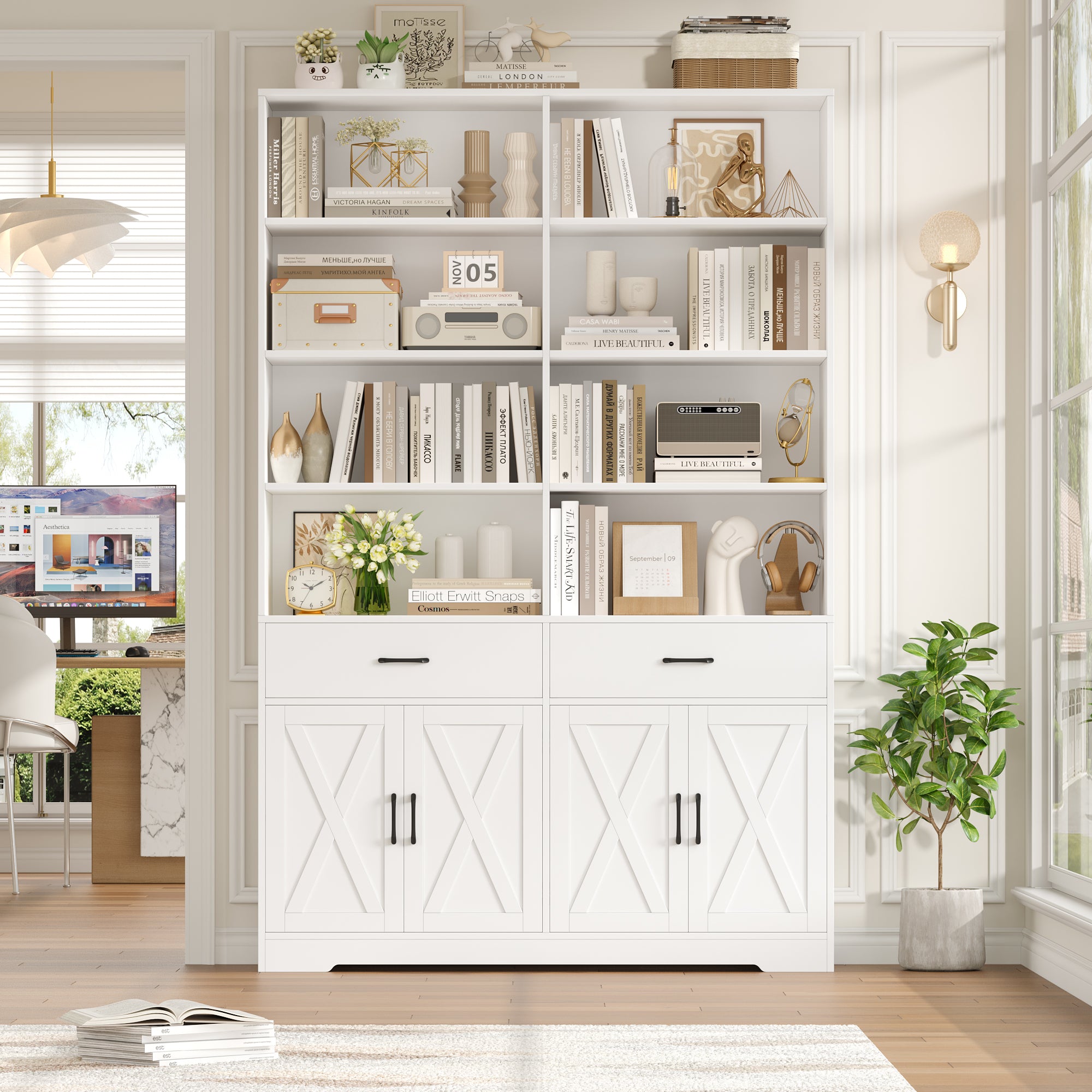 Hiphuta Bookcase with 3 Drawers, Large Farmhouse Bookshelf and Bookcase with Cabinet, White