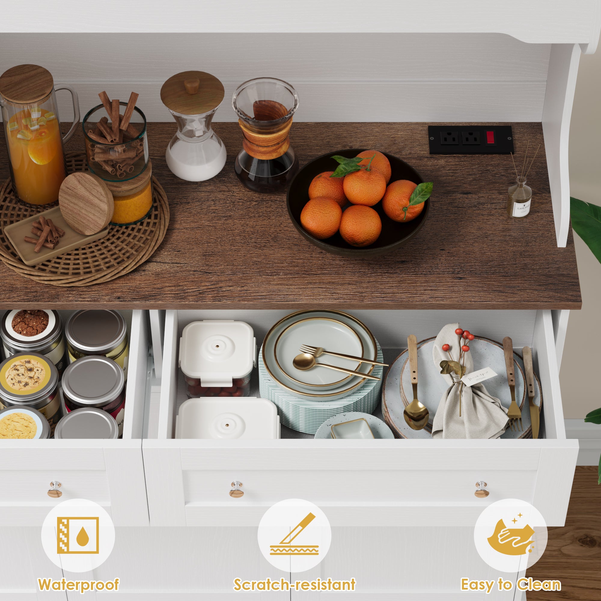 Hiphuta 72” Tall Kitchen Pantry Storage Cabinet with Power Outlet, Freestanding Cupboard Storage Buffet Hutch with Microwave Stand, Storage Pantry with Drawers & Glass Doors, White