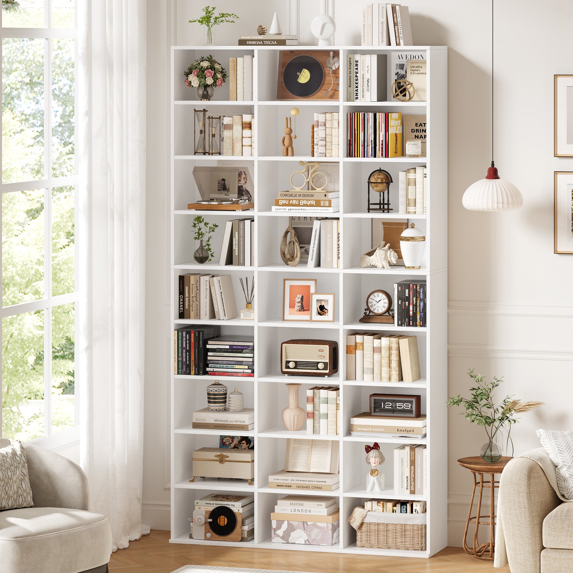 Hiphuta 27-Cube 9-Tier Bookcase, 75" Tall Triple-Wide CD Media Storage Organizer with 15 Adjustable Shelves, Freestanding Display Shelf, White