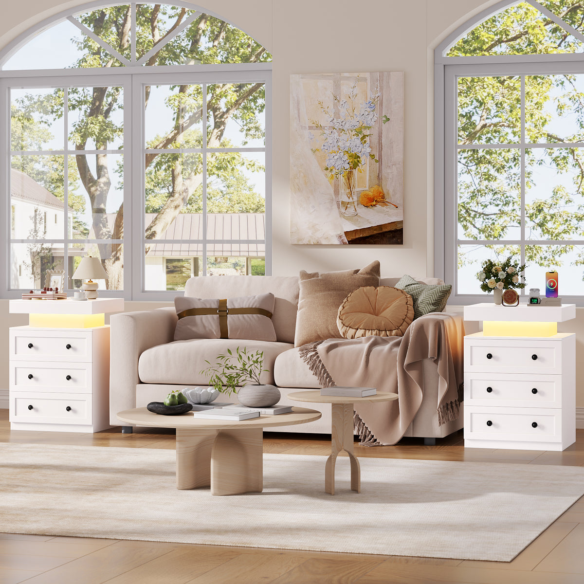 Hiphuta Set of 2 Nightstands with RGB LED and Charging Station for Bedroom, Sofa Tables with 3 Drawers for Living Room, Modern Beside Tables with Storage, White