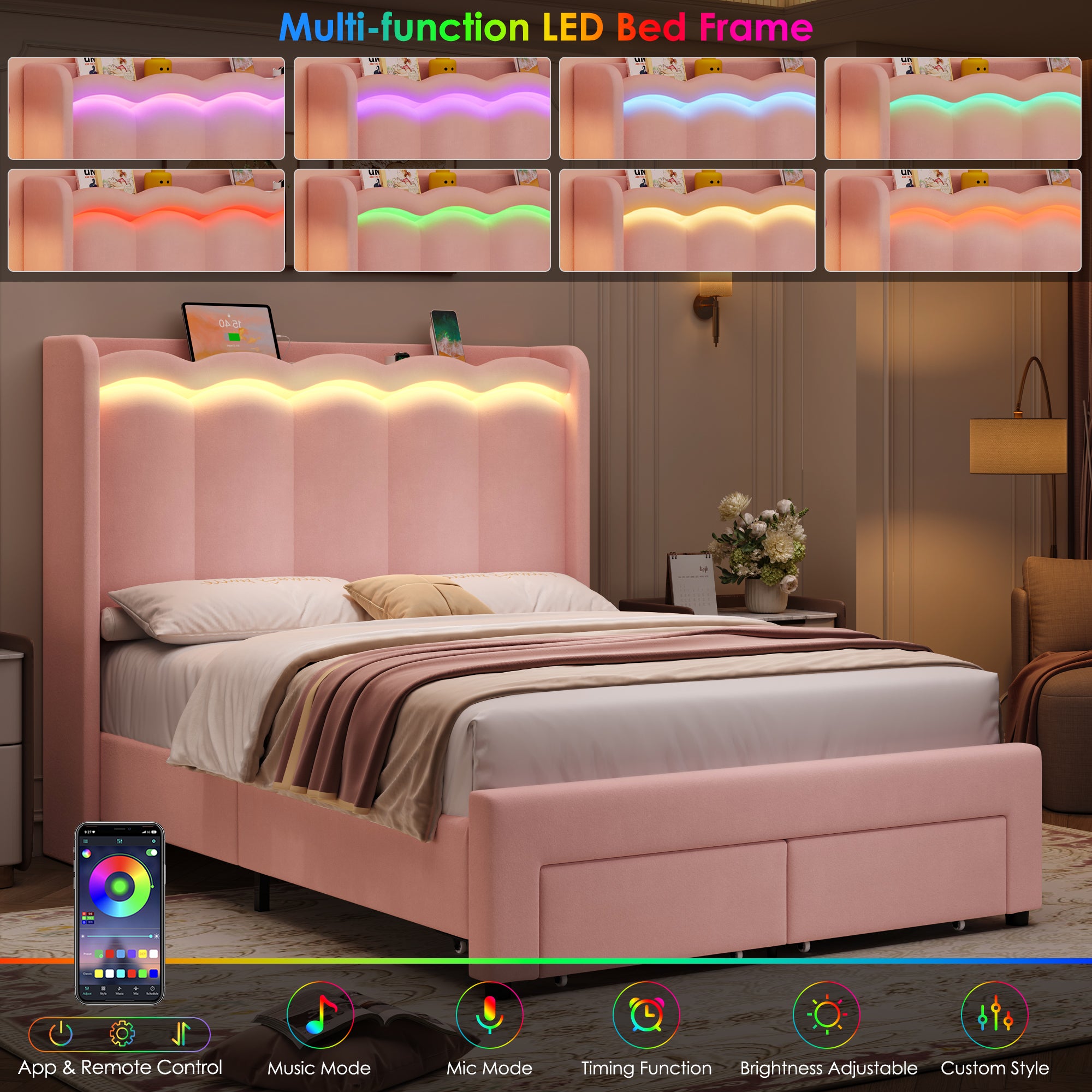 Hiphuta Full Size Bed with Power Outlet & LED, Upholstered Princess Beds with Drawer, Full Beds with Headboard Storage, Pink